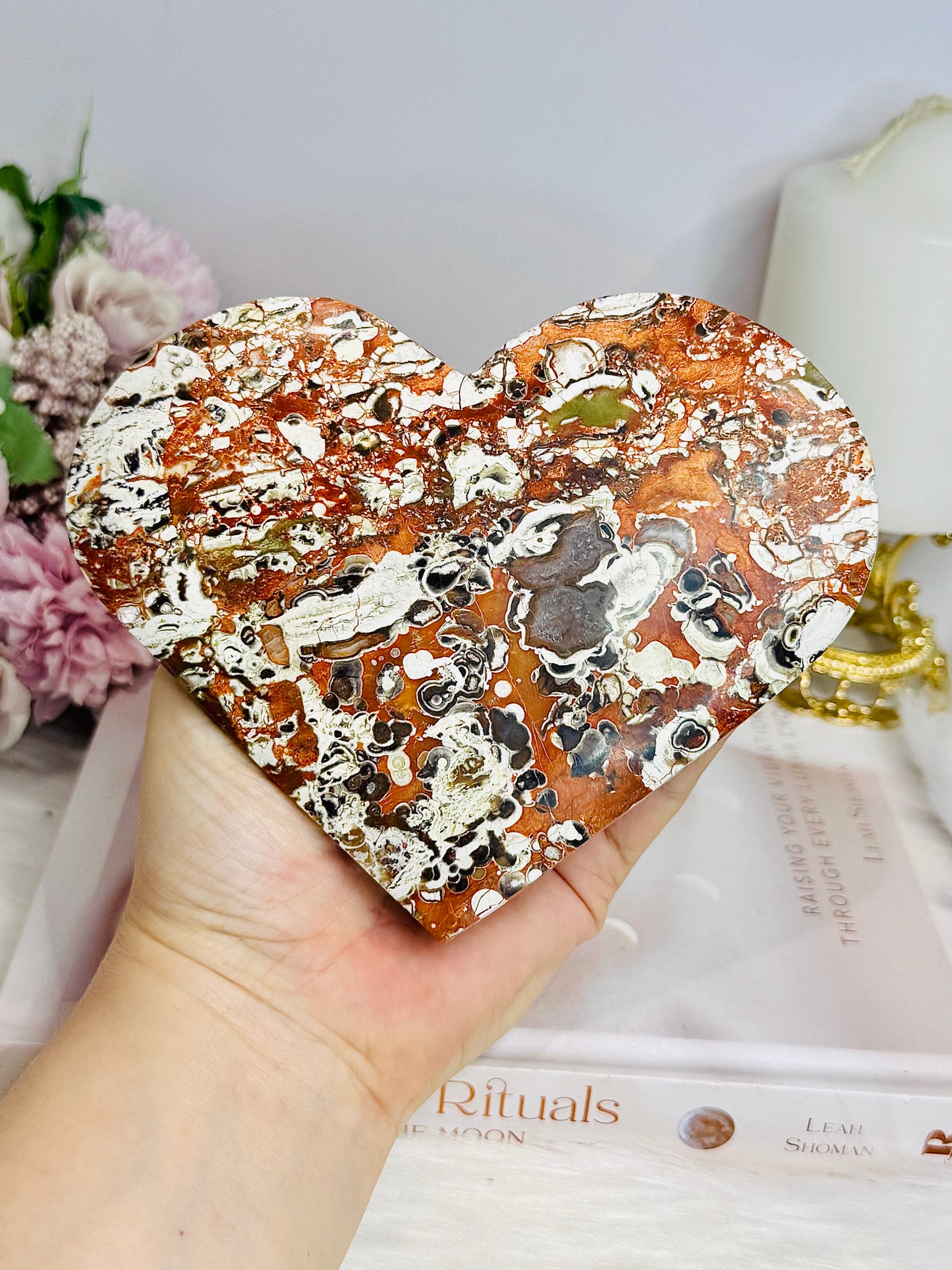 Large Money Agate Carved Heart On Stand 14.5cm