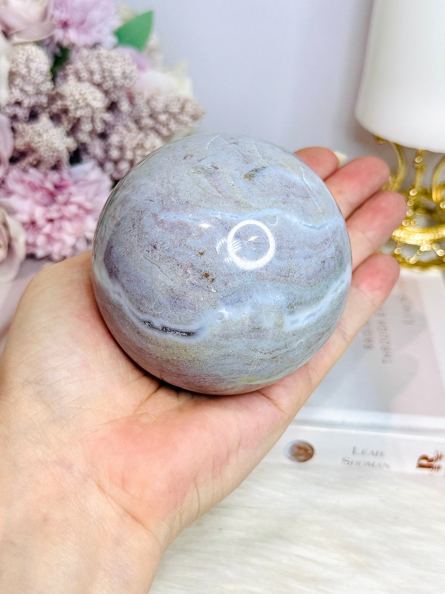 Large Ocean Jasper Sphere on Timber Stand 605g