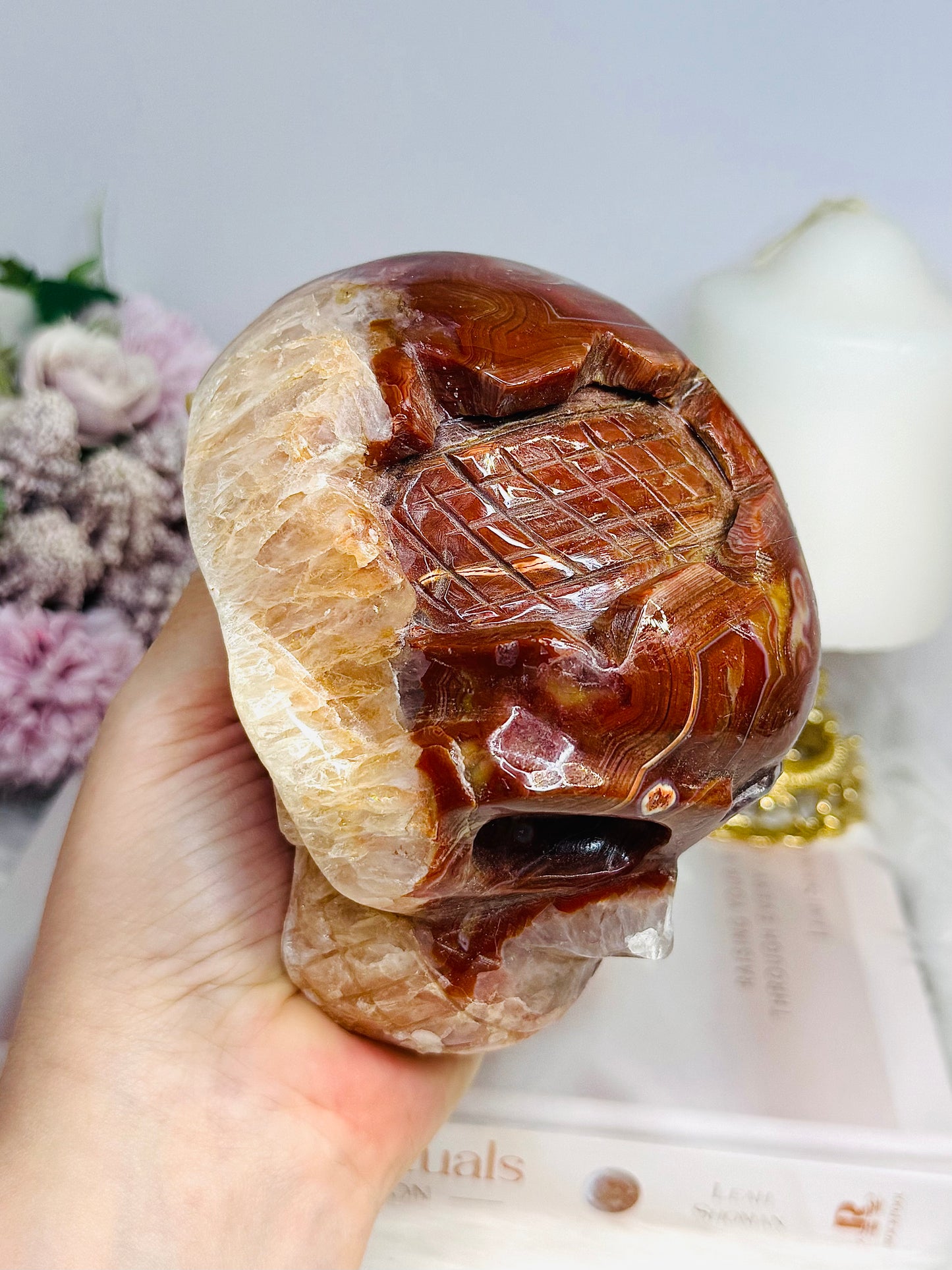 Large Carnelian Carved Skull 1.2KG 12.5cm ~ Discounted as it does not stand straight and needs the stand under the side to keep it up