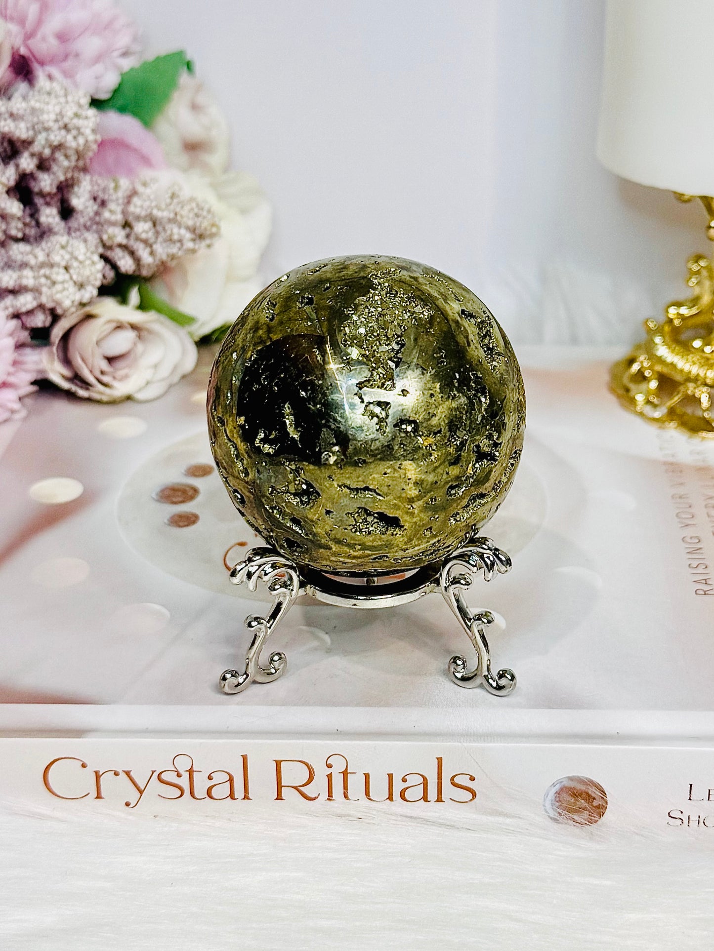 Large Druzy Pyrite Sphere on Stand 426g