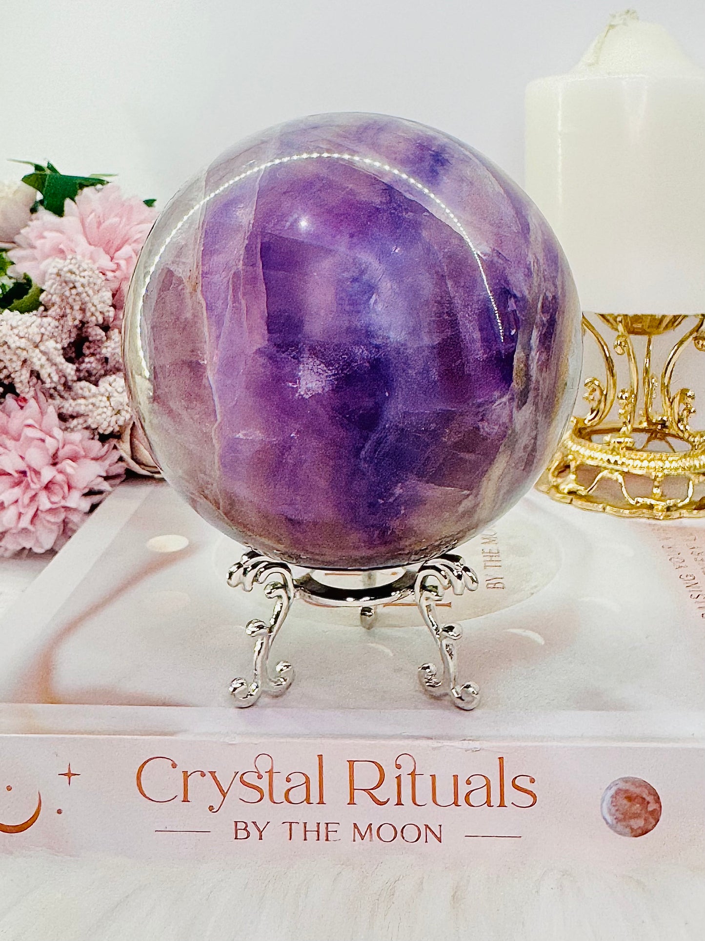 Huge 1.53KG Purple Fluorite Sphere with Rainbows on Stand