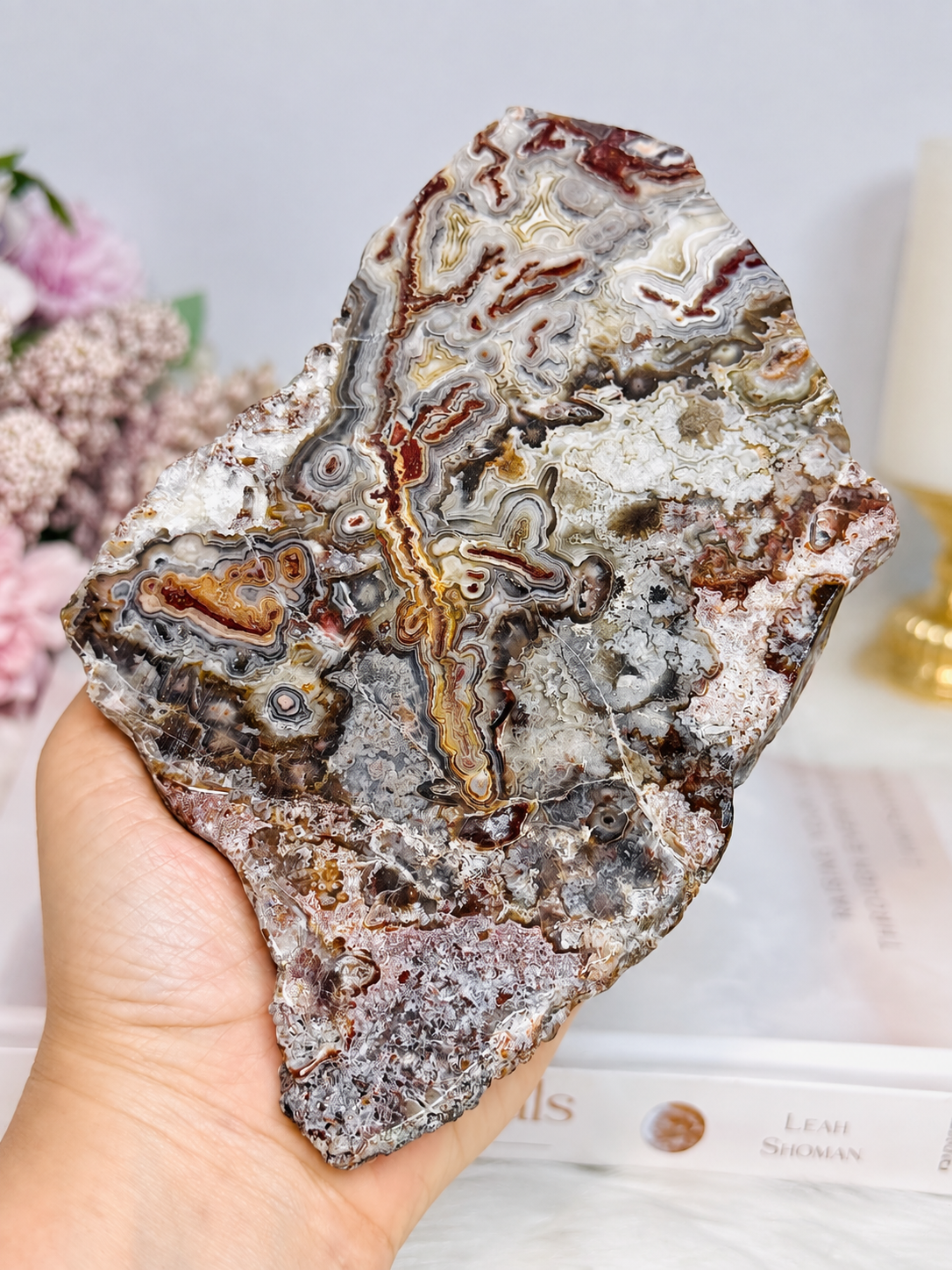Large Mexican Lace Agate Slab 19cm on Stand