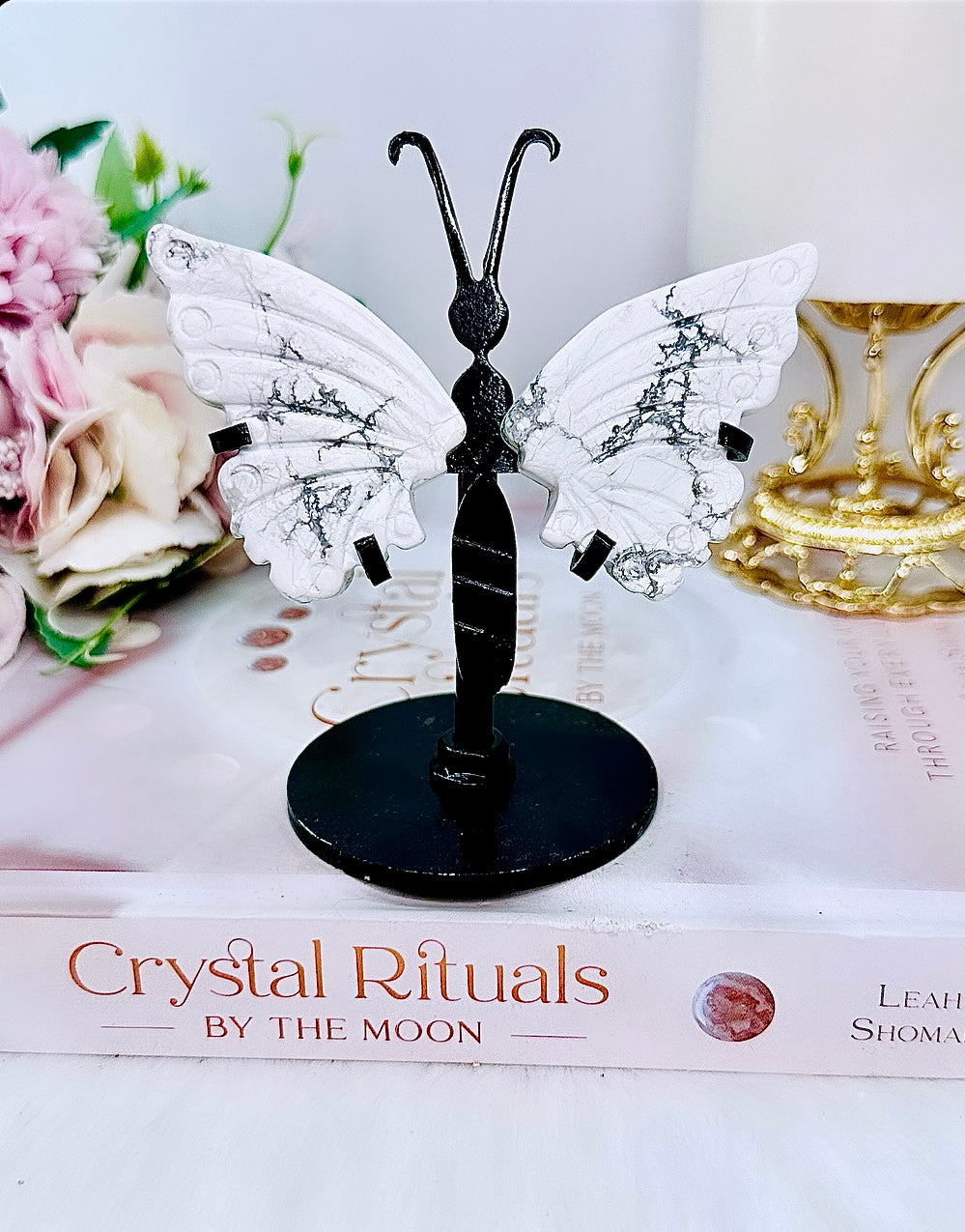 Supports Anxiety ~ Pretty Howlite Butterfly Wings On Black Stand 11cm
