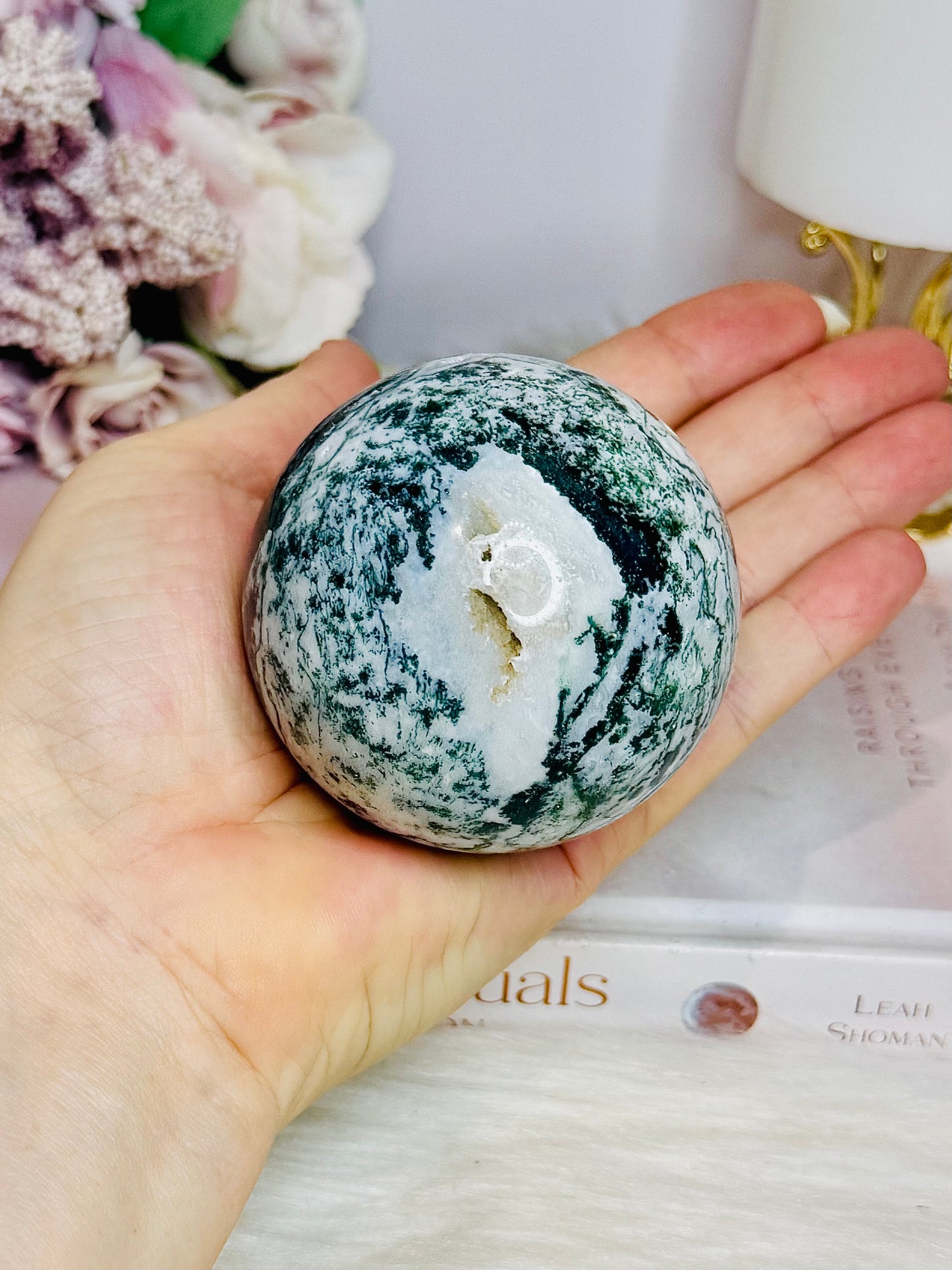 Large Moss Agate Druzy Sphere On Stand 344g