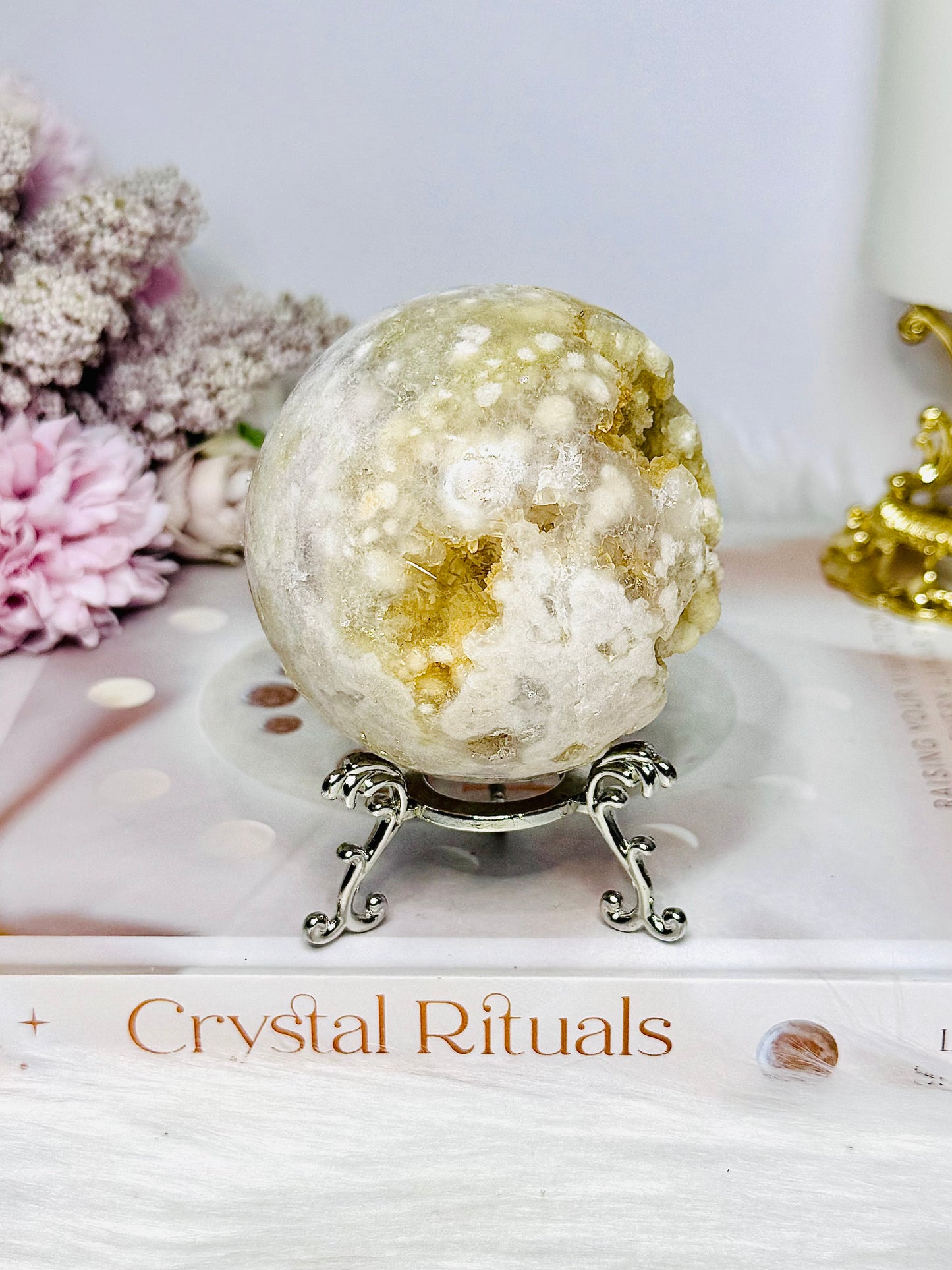 Large Pink Amethyst X Flower Agate Druzy Sphere on Stand 384g