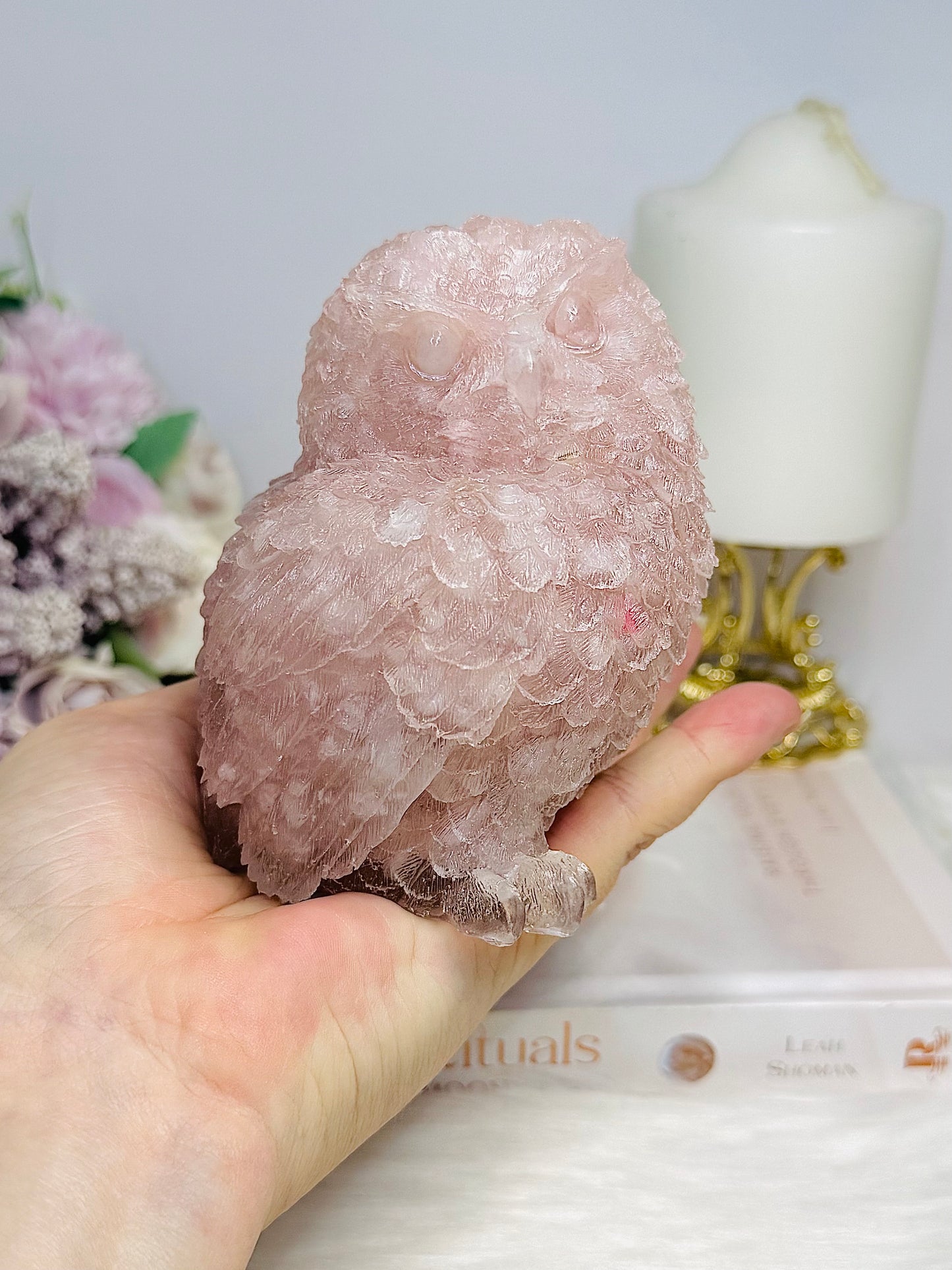 Large Rose Quartz Filled Resin Owl 10cm 639g