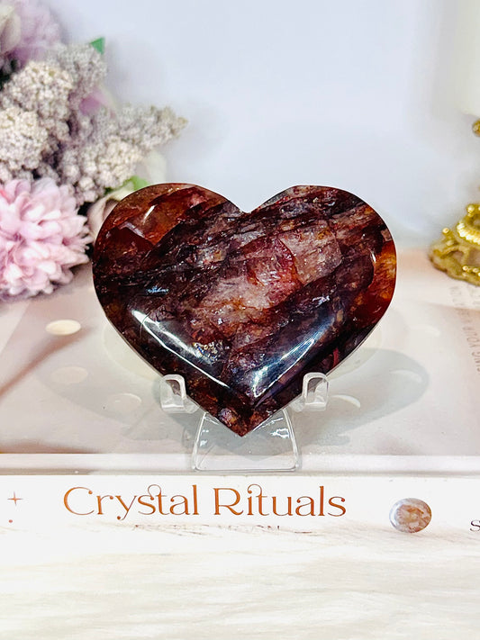 High Grade Fire Quartz Heart On Stand 8cm