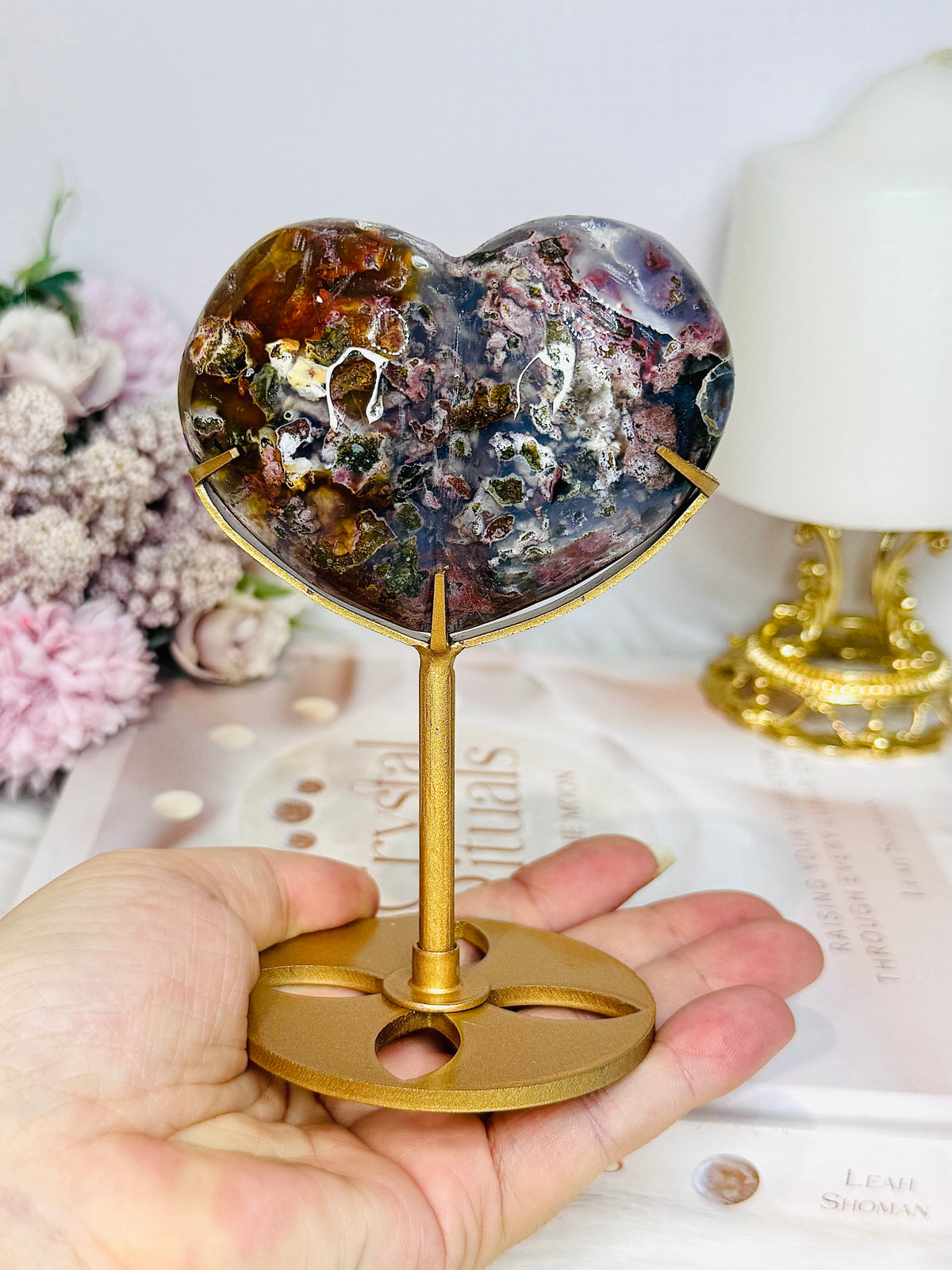 Large High Grade Ocean Jasper Peach Heart on Stand 12cm