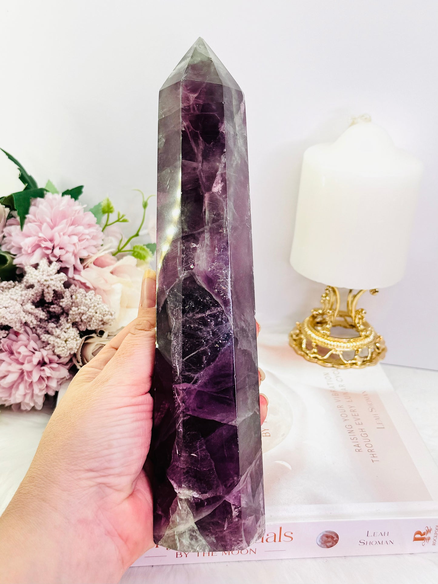 Fabulous Tall 23.5cm 968gram Purple Fluorite Tower with Rainbows