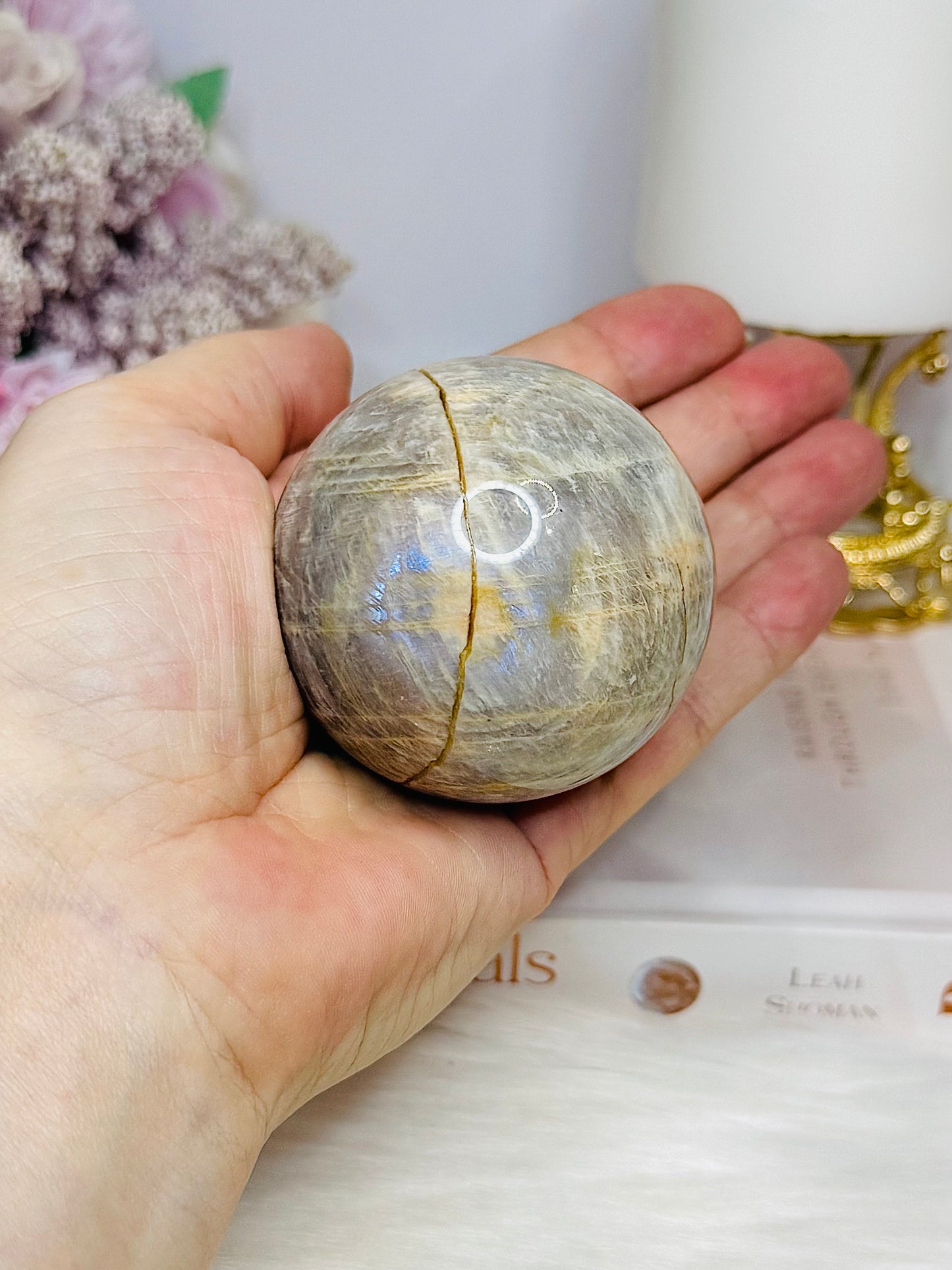 Moonstone Sphere with Blue Flash 6.5cm On Stand