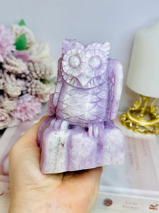Large Kunzite Carved Owl 698g 11cm