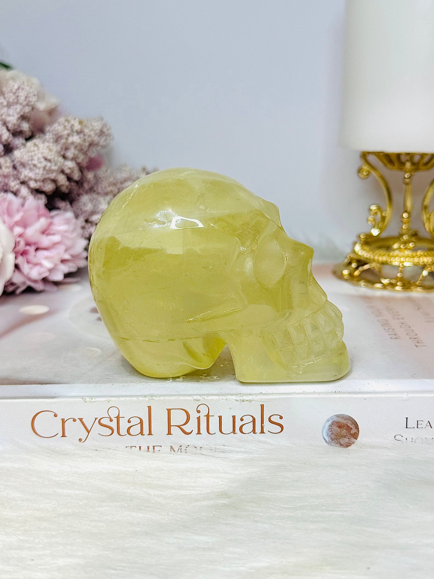 Citrine Carved Skull with Rainbows 8cm 399g