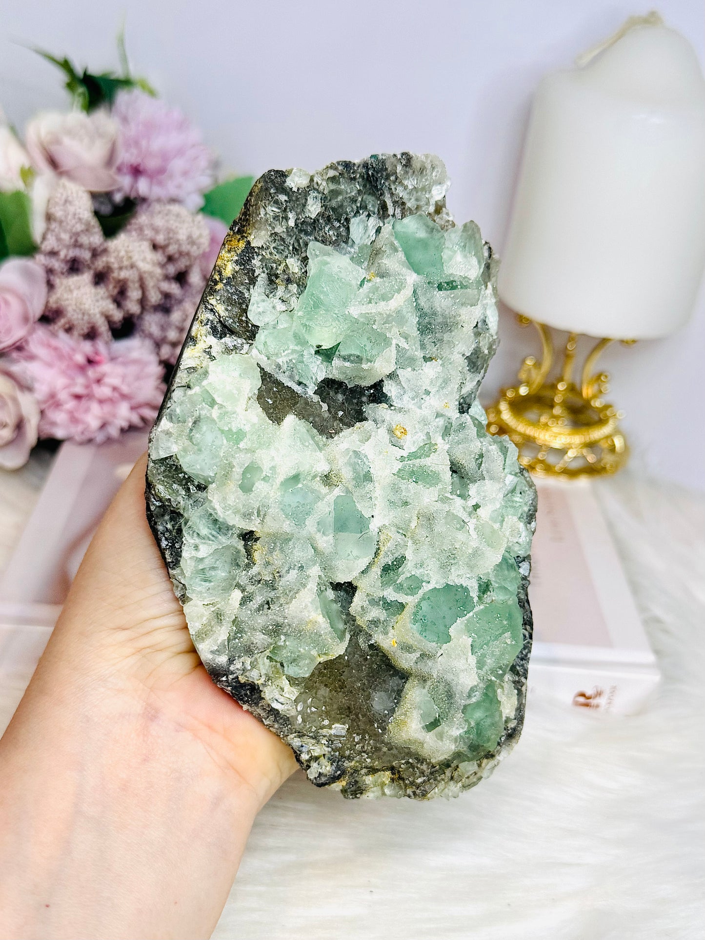 Large Green Cubed Fluorite Sugar Druzy Specimen on Matrix 15cm 777g