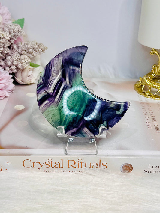 High Grade Rainbow Fluorite Moon On Stand 8.5cm