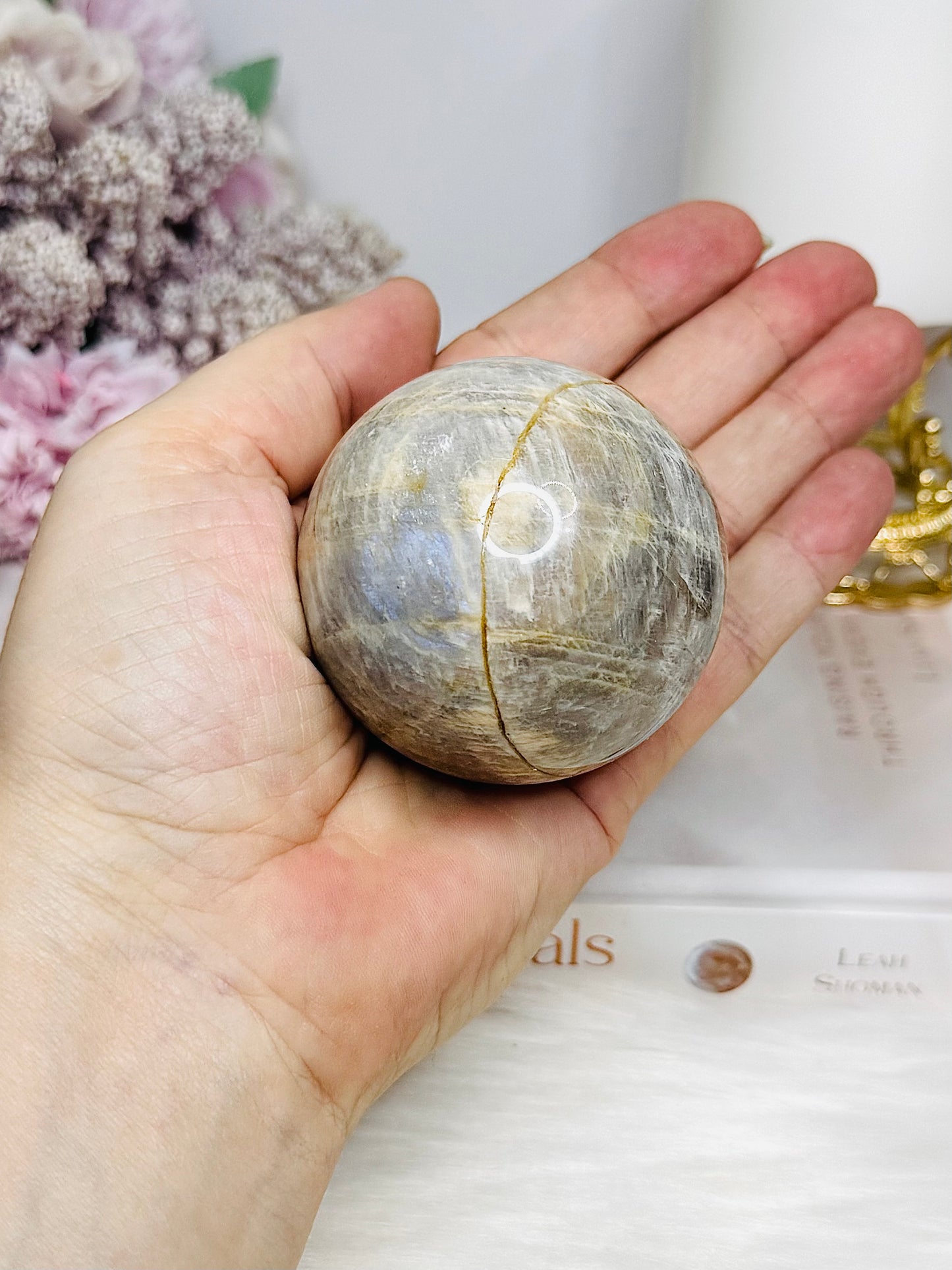Moonstone Sphere with Blue Flash 6.5cm On Stand