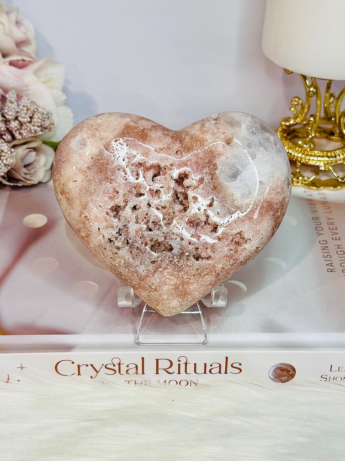 Beautiful Puffy Druzy Pink Amethyst Carved Heart On Stand