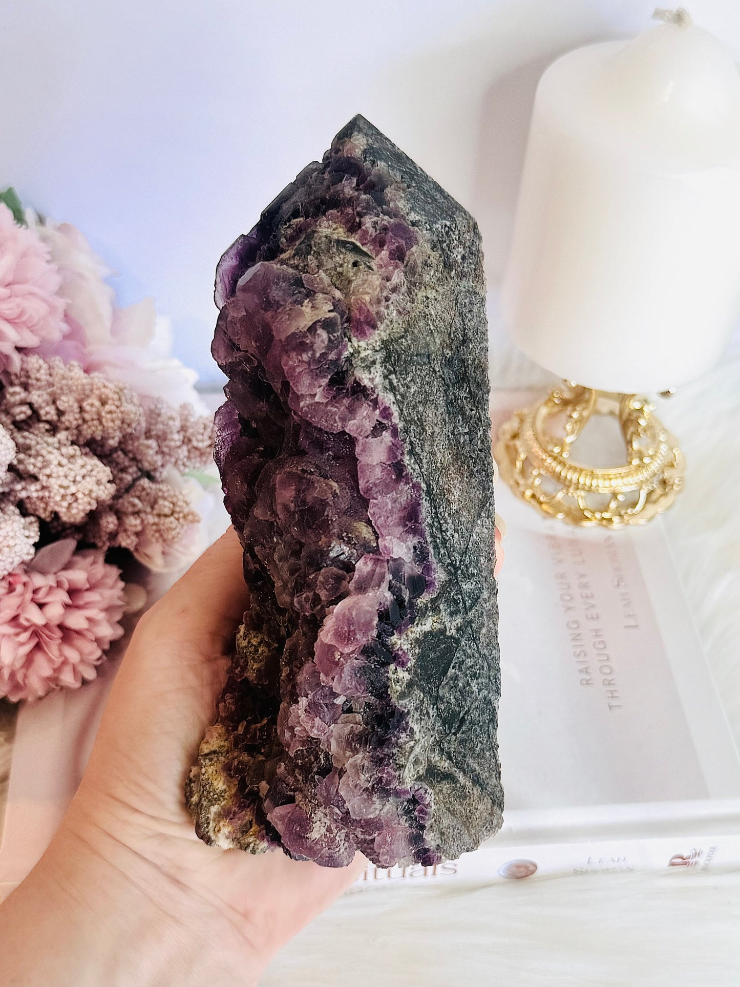 Absolutely Incredible Large Chunky 17cm Natural Druzy Purple Root Fluorite Tower