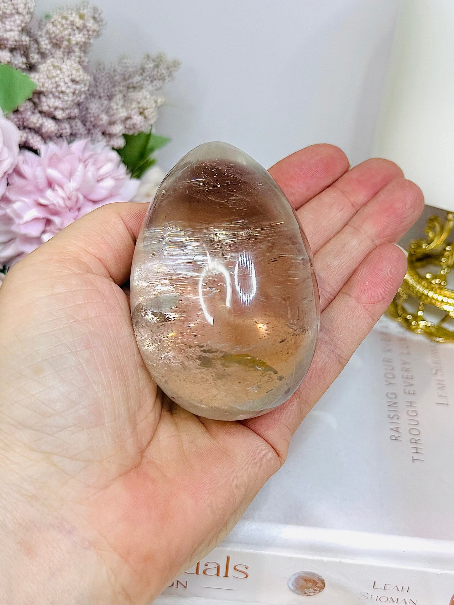 Large Quartz Egg On Stand with Rainbows 280g