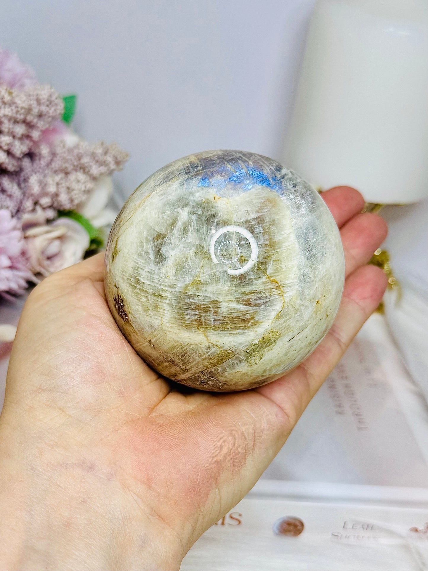 Large Moonstone Sphere with Blue Flash on Stand 520g