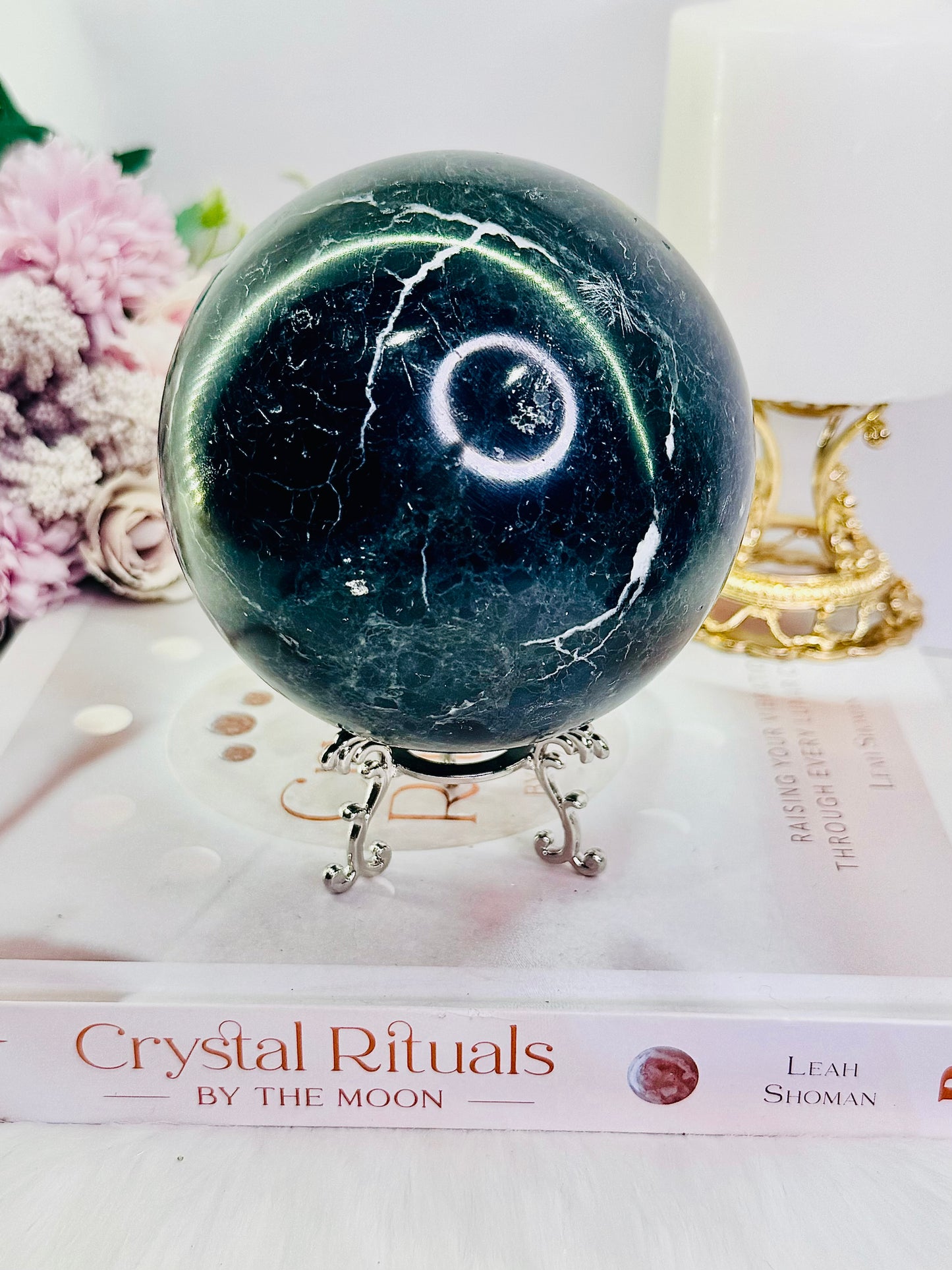 A Protective Stone ~ Huge 10cm 1.33KG Natural Black Onyx Polished Sphere On Stand