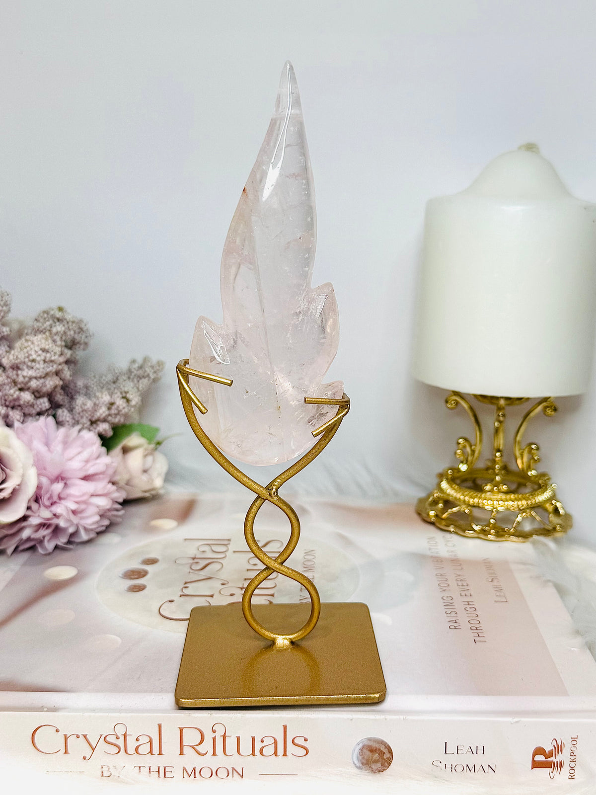 Rose Quartz Flame on Gold Stand 18cm