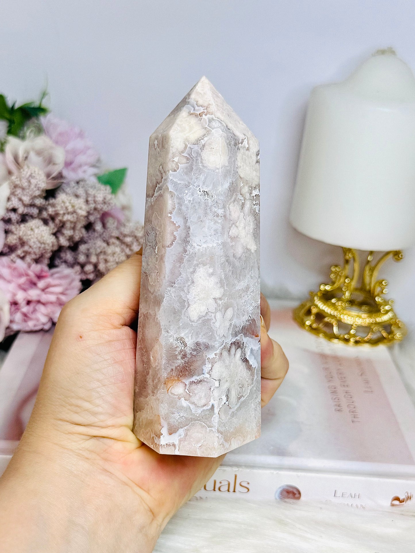 High Grade Flower Agate Druzy Tower 13cm