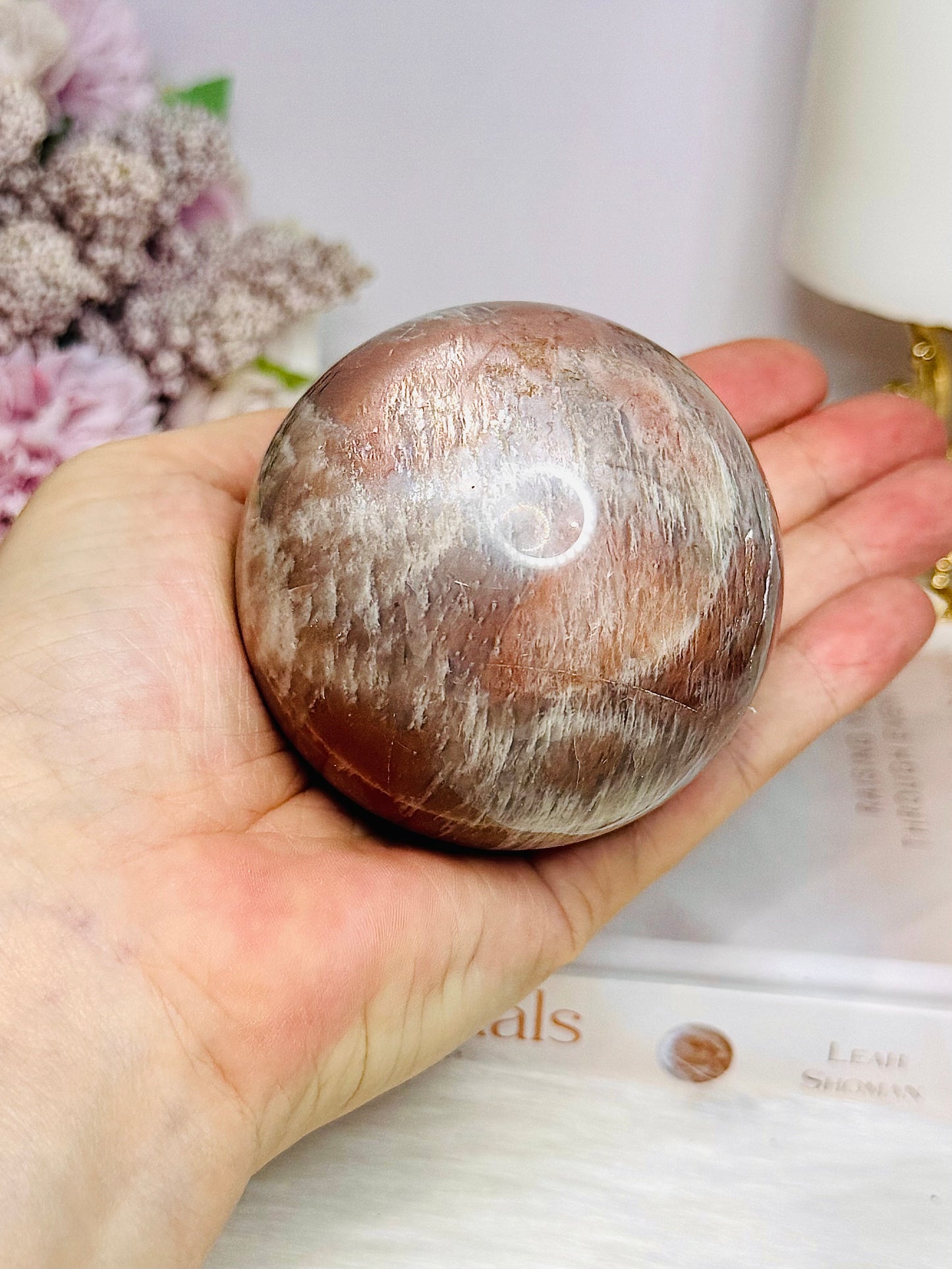 Shimmering Large Sunstone with Moonstone Sphere on Stand 433g