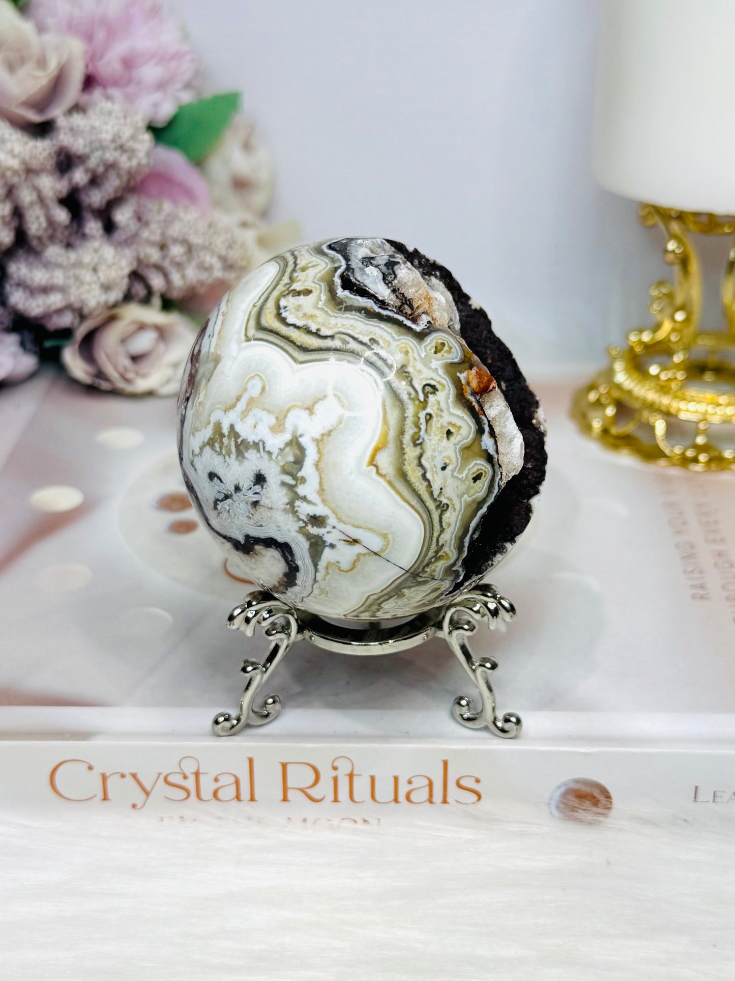 Mexican Lace Agate Druzy Sphere on Stand 331g