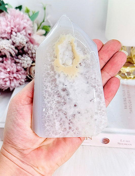 White Druzy Agate Tower From Brazil 13cm