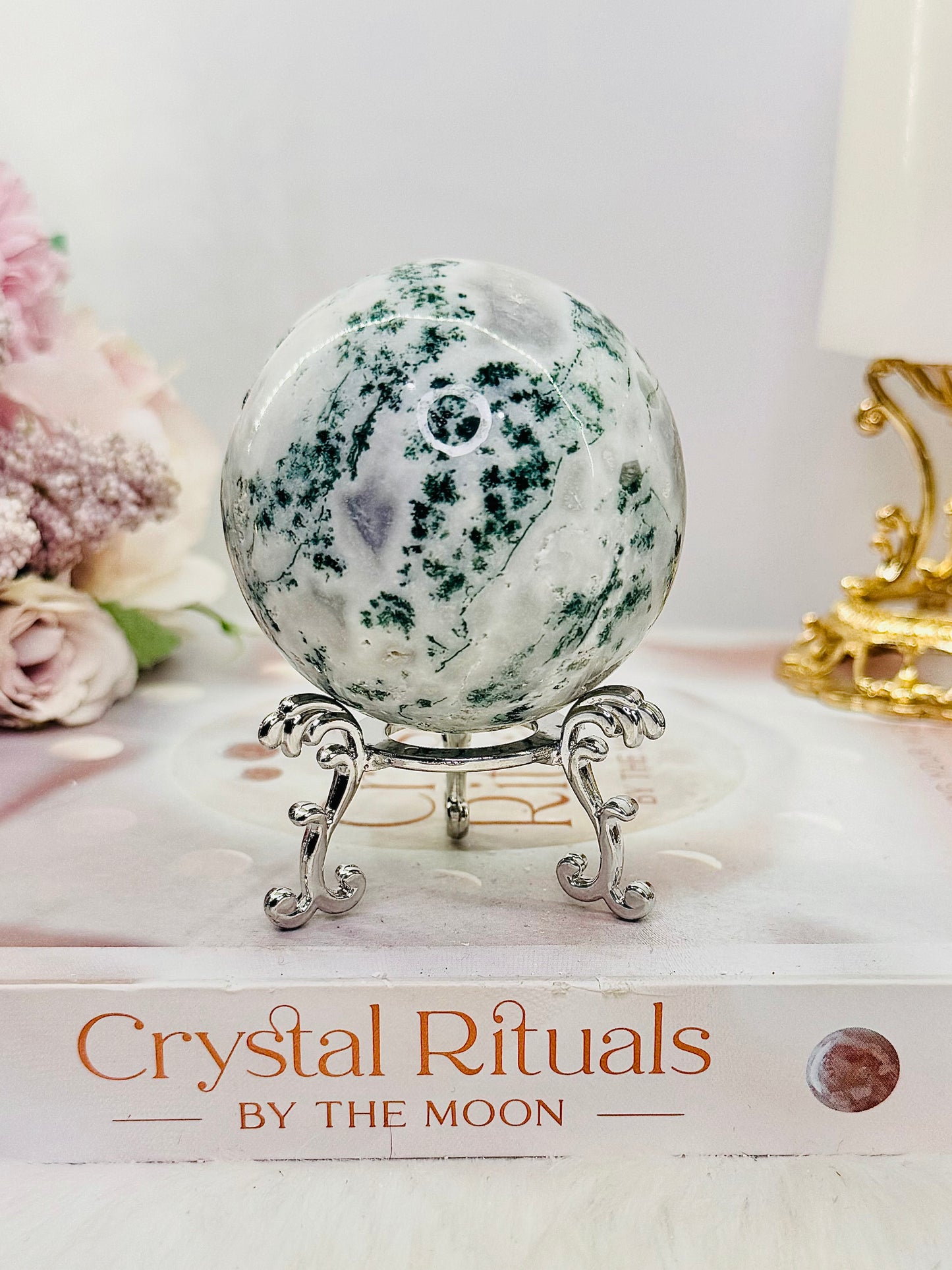 Beautiful Natural 274gram Moss Agate Sphere on Stand with Imperfections