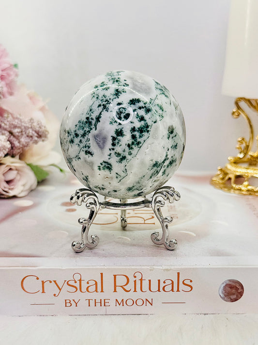 Beautiful Natural 274gram Moss Agate Sphere on Stand with Imperfections