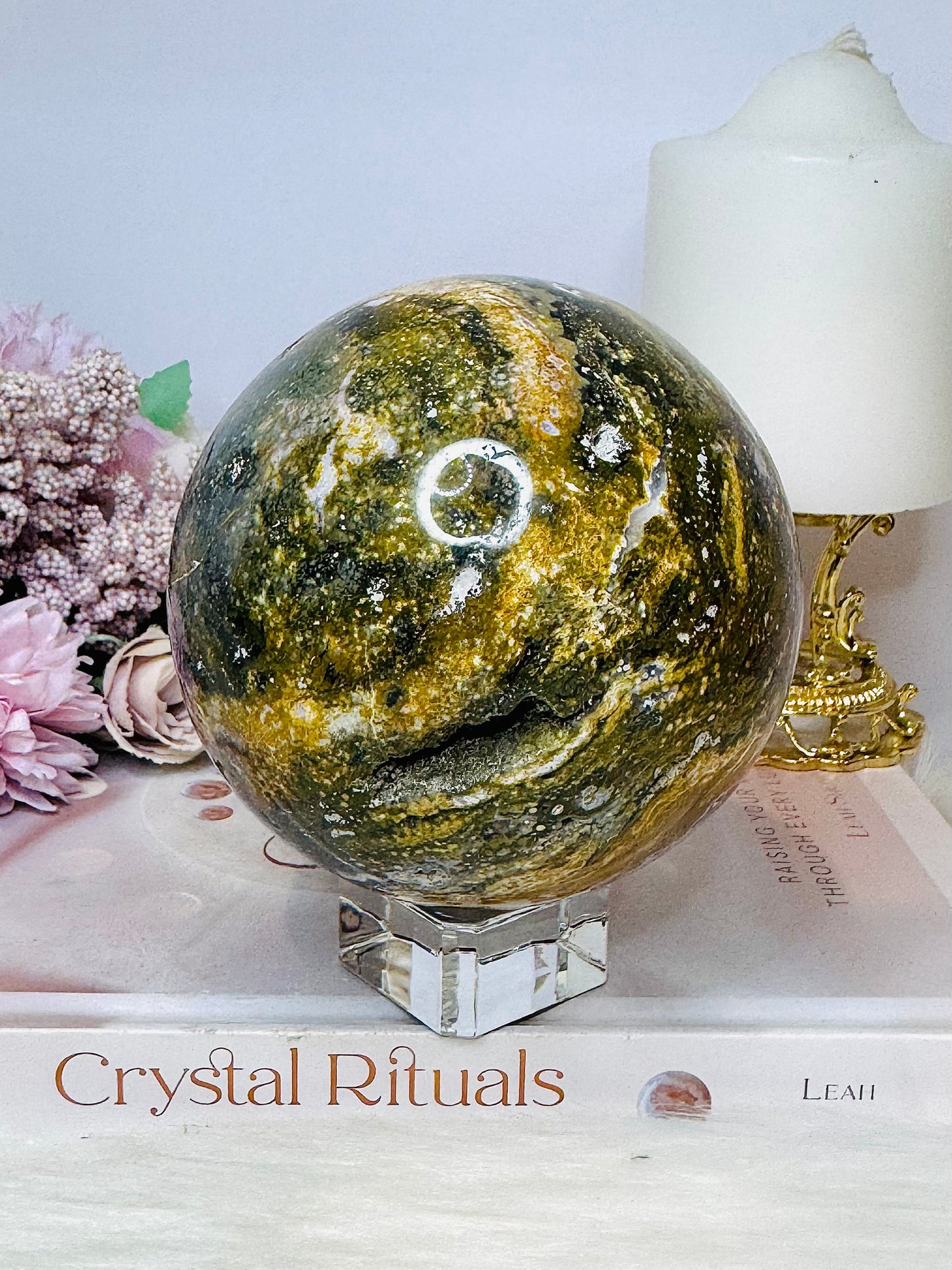 Large Ocean Jasper Orbicular Druzy Sphere On Stand 1.2KG