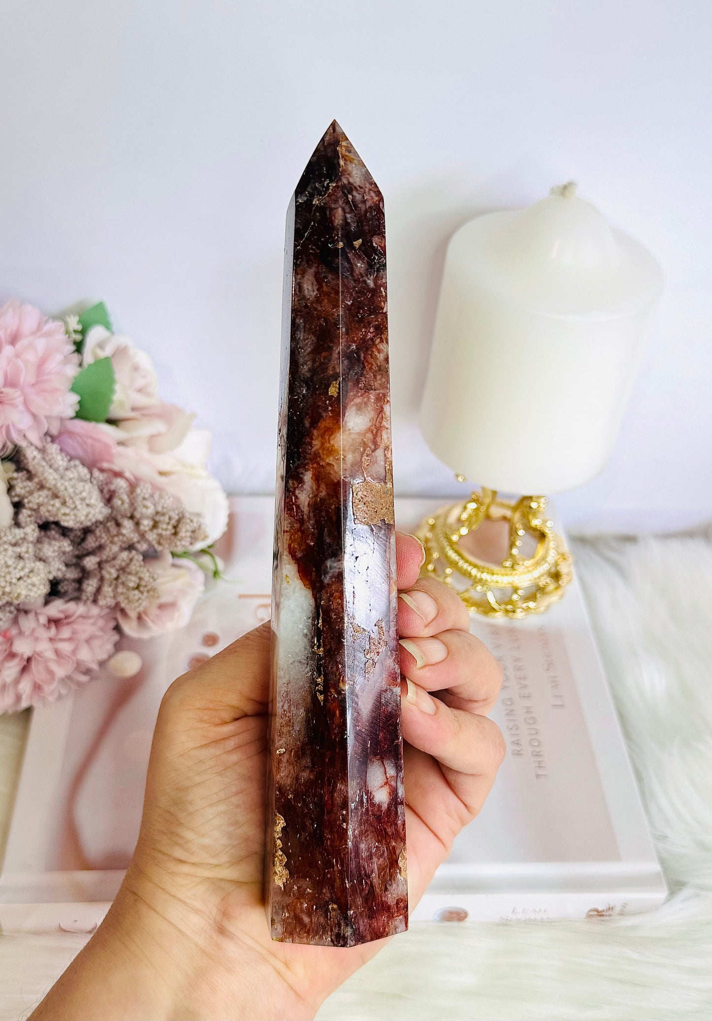 Gorgeous Tall 19cm Red Fire Quartz Tower with Hematite Inclusions