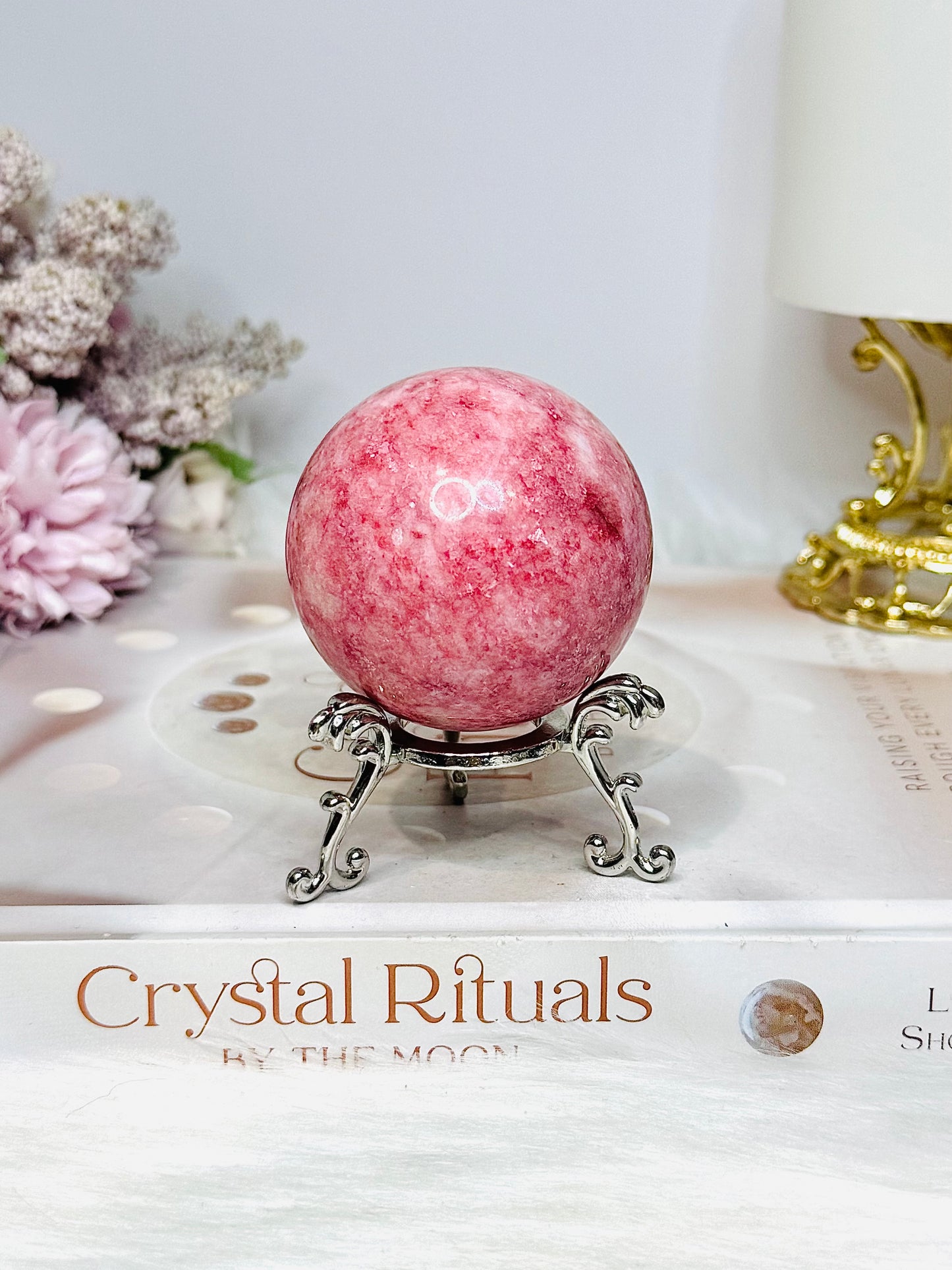 Thulite Sphere with Epidote 202g On Stand