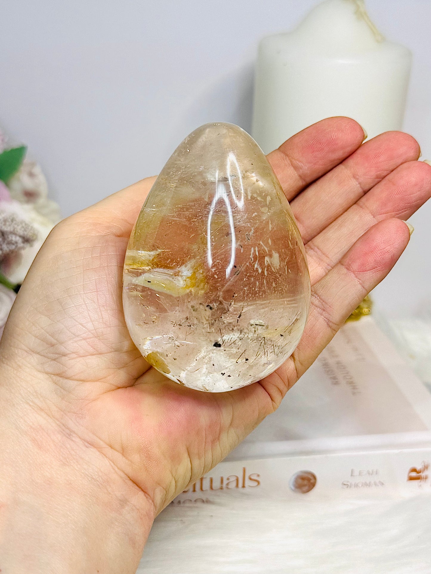 Large Clear Quartz With Golden Healer Inclusions Egg On Stand 7cm 318g