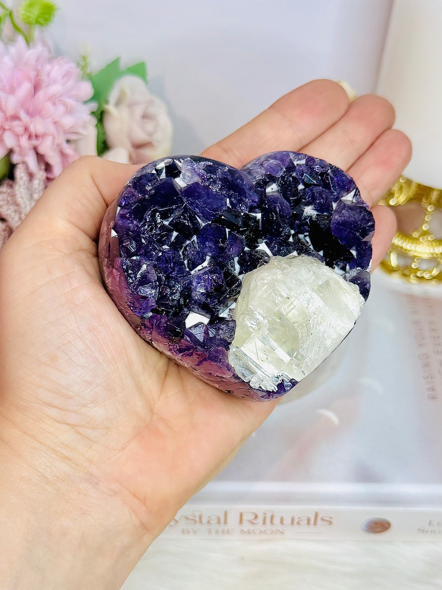 High Grade Deep Purple Amethyst Chunky Heart with Calcite Inclusion On Stand 9cm