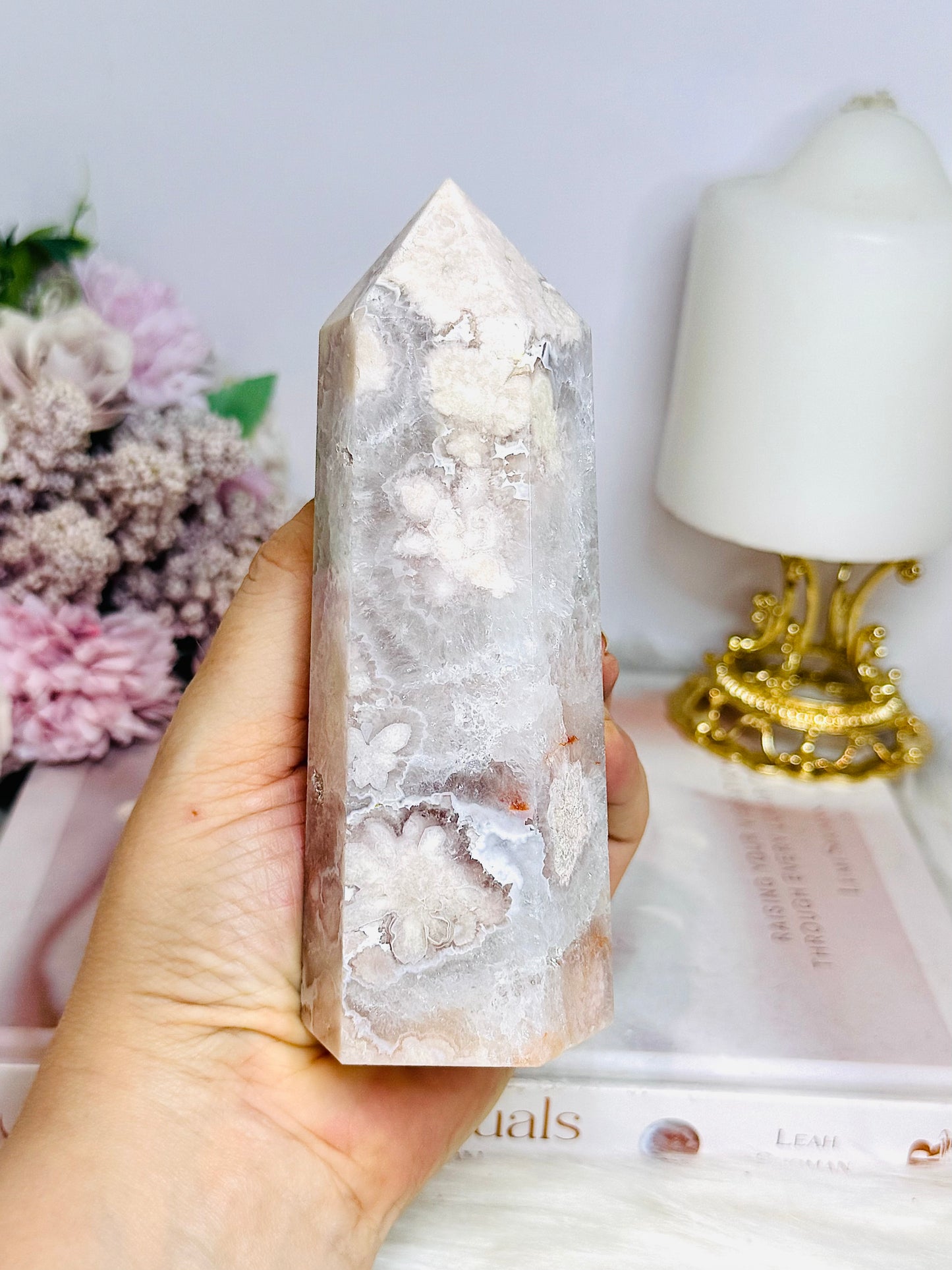 High Grade Flower Agate Druzy Tower 13cm
