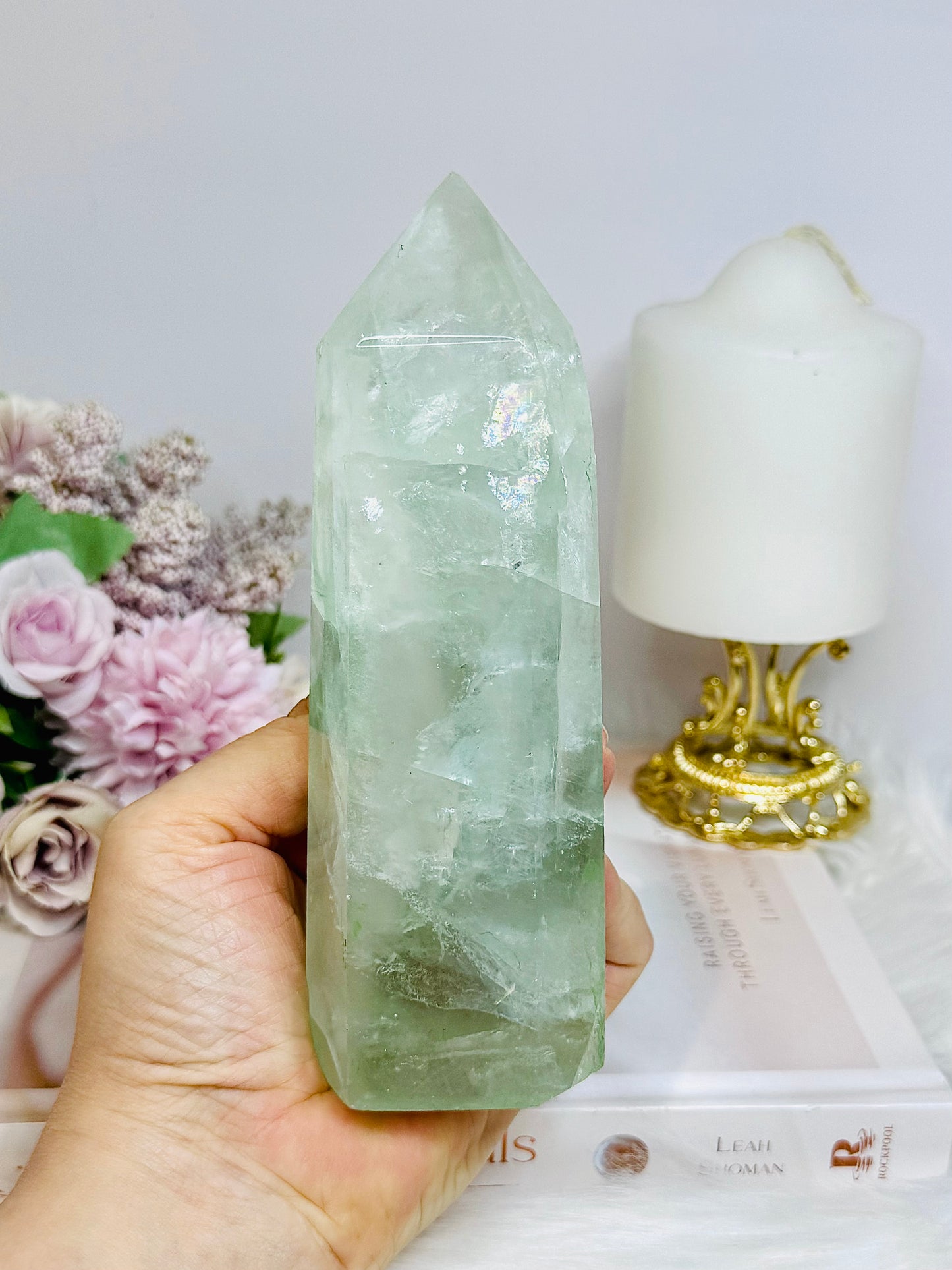 Large Green Fluorite Tower with Rainbows 15.5cm 650g