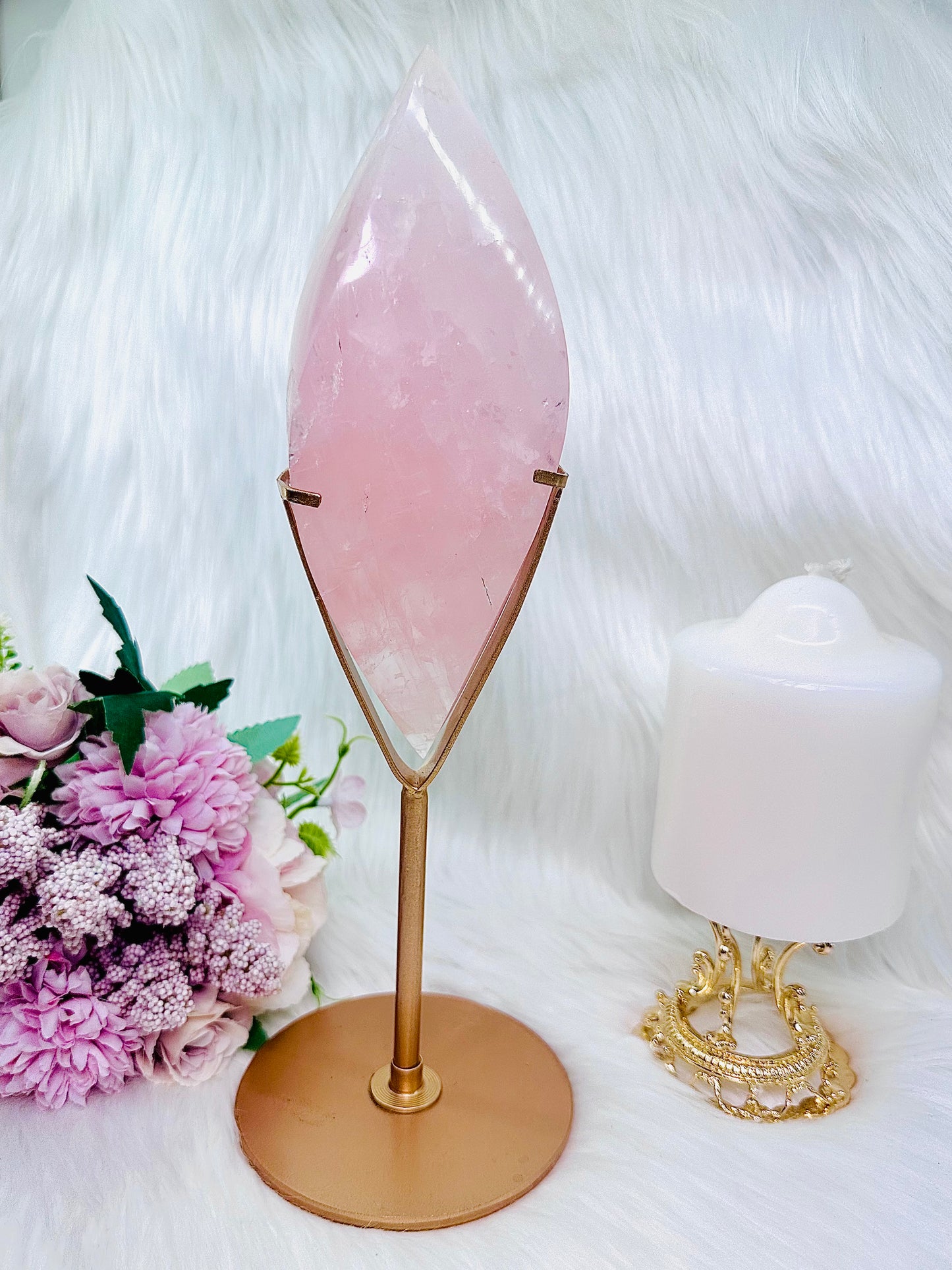 Classy & Absolutely Fabulous Large 28cm Rose Quartz Perfectly Carved Flame with Rainbows On Gold Stand 964grams ~ A Truly Stunning Piece