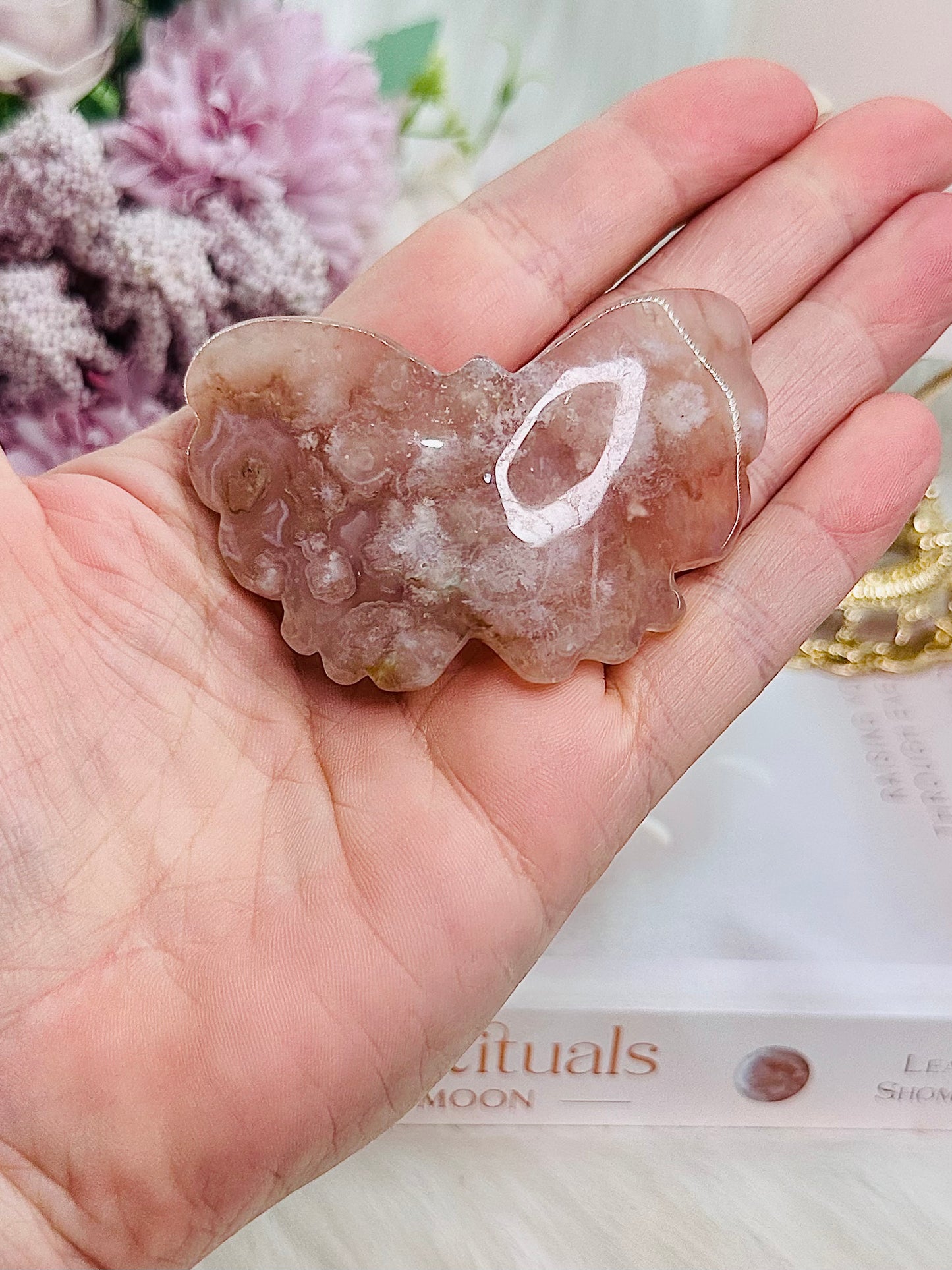 Pretty Flower Agate Carved Butterfly