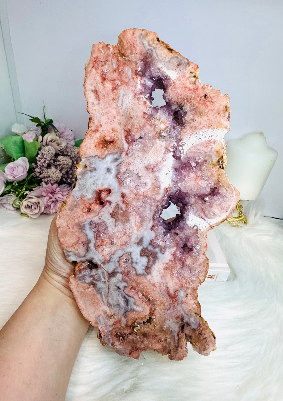 High Grade Pink Amethyst Druzy Slab on Stand 1.2KG 27.5cm