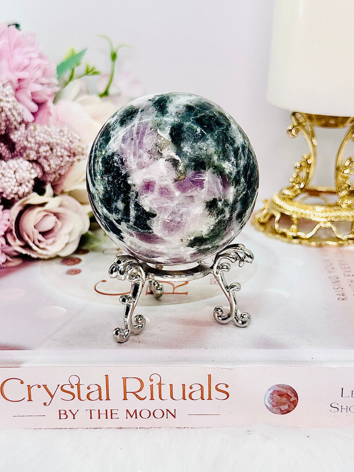 Stunning Silky Fluorite Sphere with Pyrite Inclusions On Stand 304grams