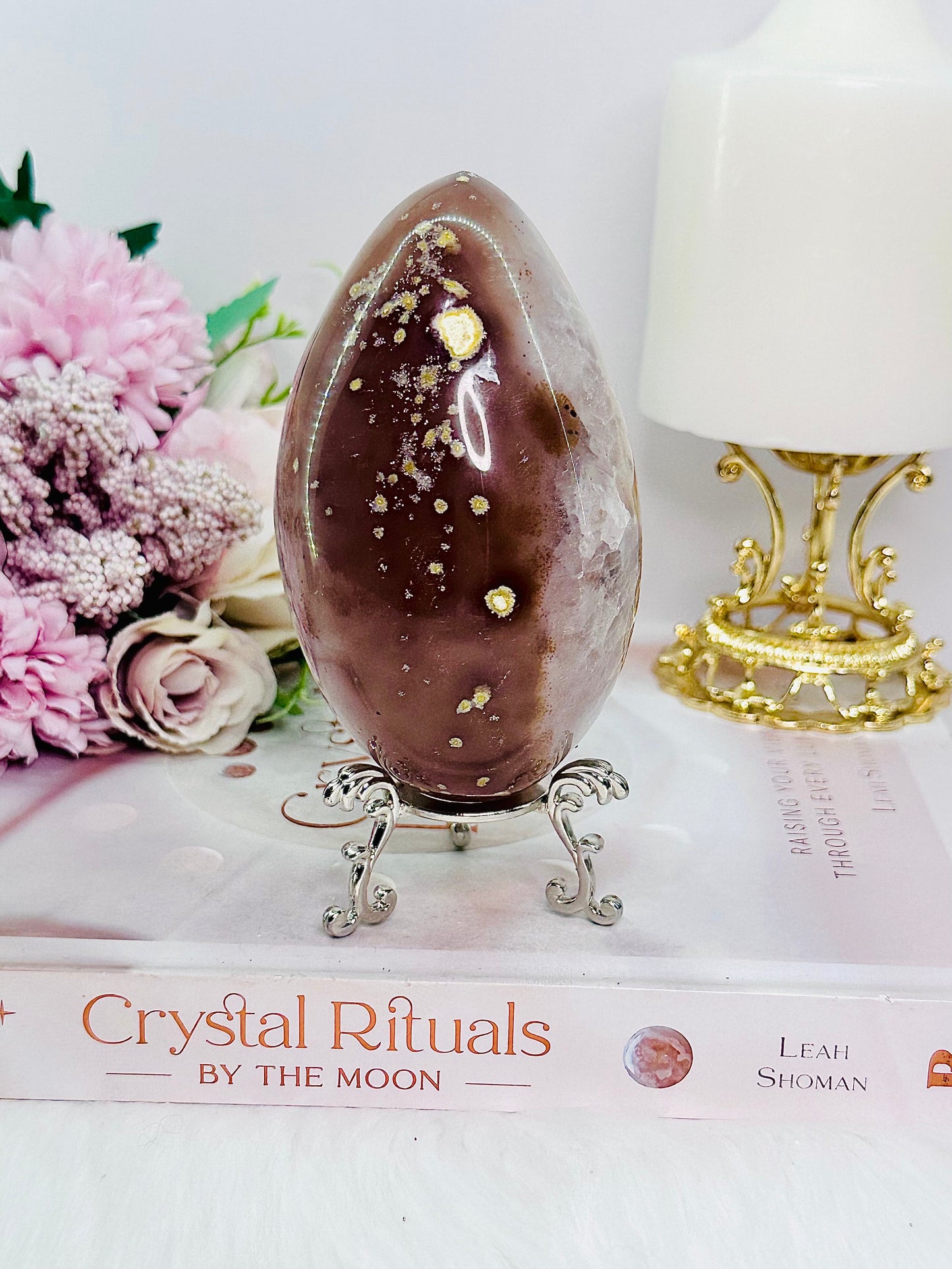 Large 503gram Druzy Agate Carved & Polished Egg On Stand From Brazil