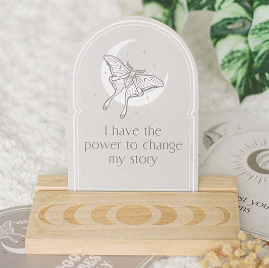 Luna Moth Affirmation Cards Set on Wooden Stand