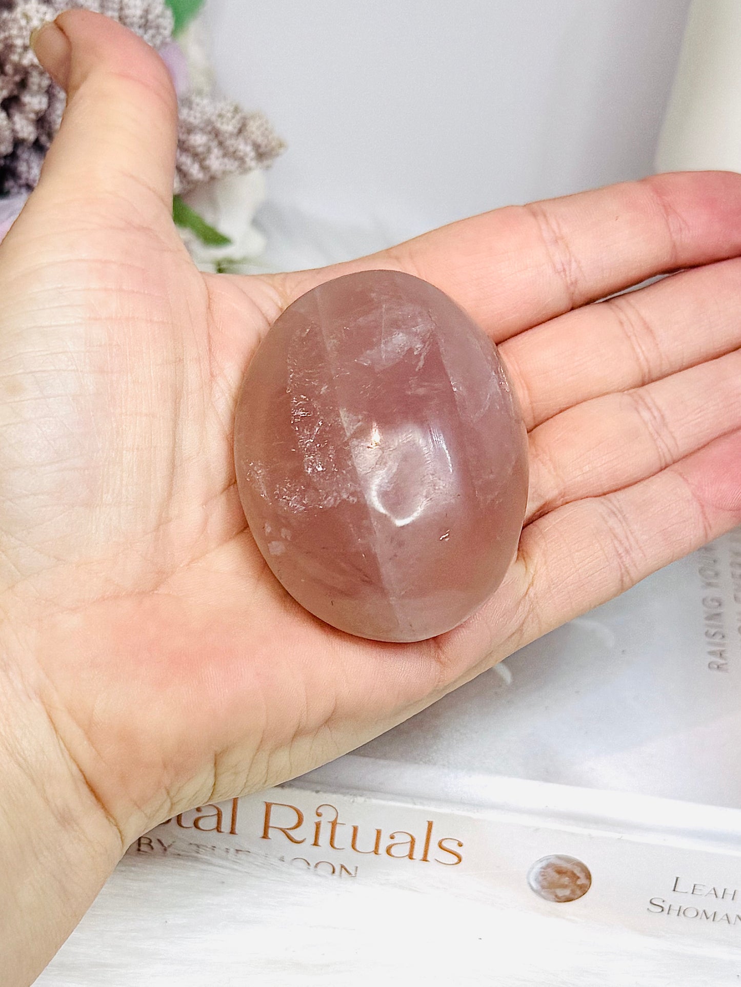 Rose Quartz Palm Stone (stand is display only)