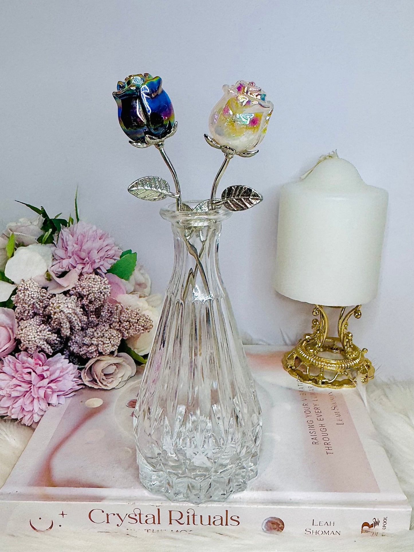 Glass Vase with Aura Amethyst & Quartz Flowers 20cm