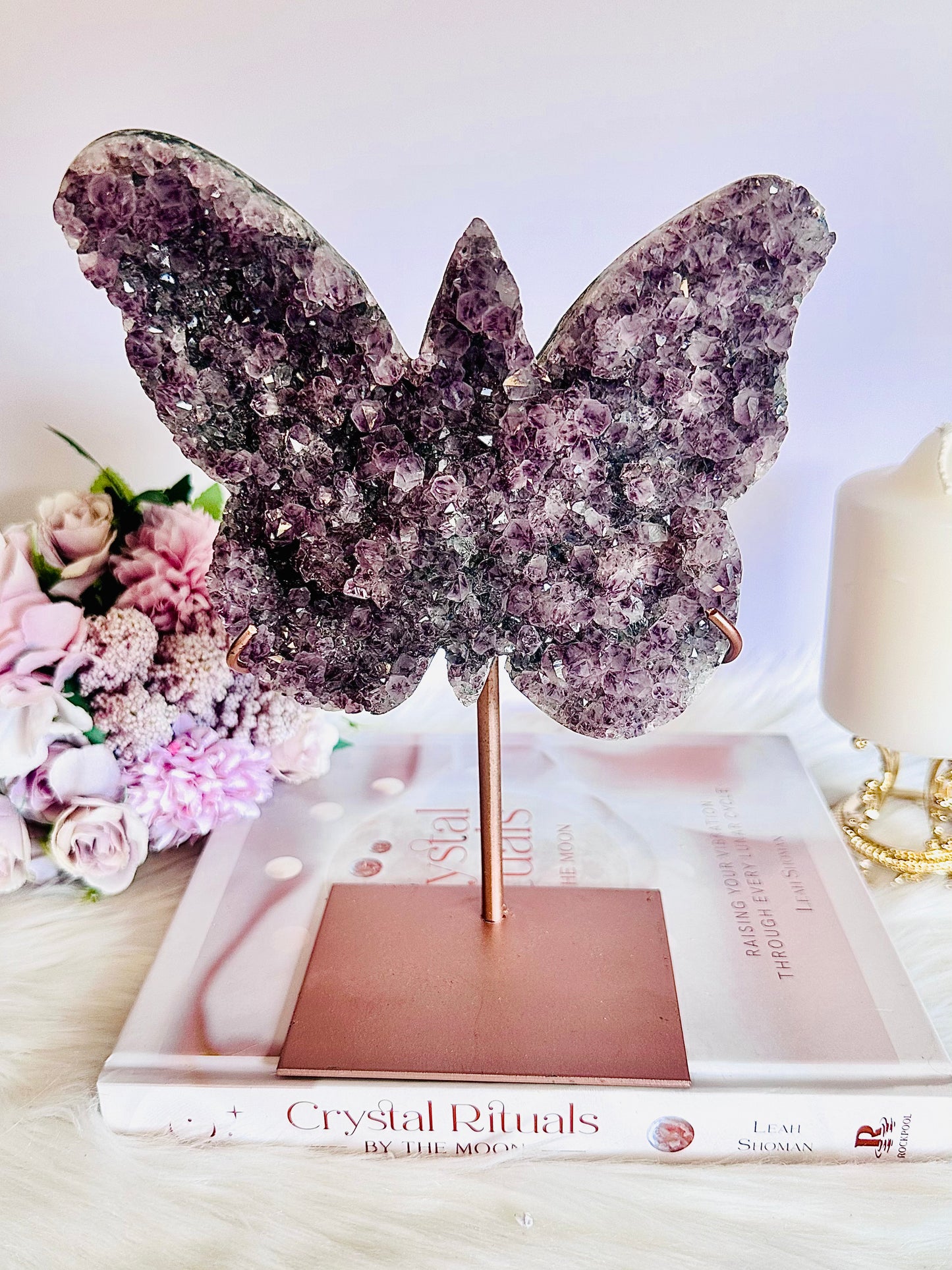 Classy Fabulous Large 23cm 1KG Amethyst Carved Butterfly On Rose Gold Stand From Brazil