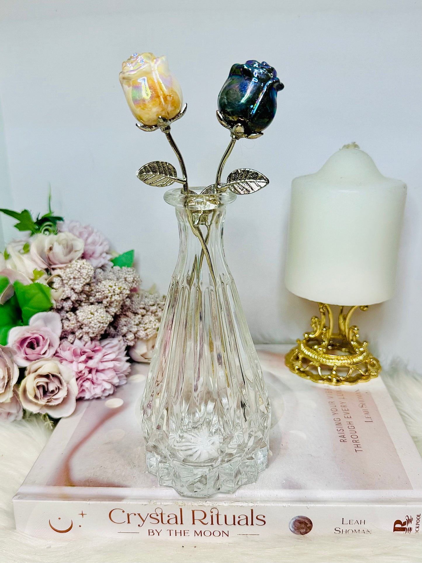 Angel Aura Roses Amethyst & Quartz in Glass Vase 20cm Tall