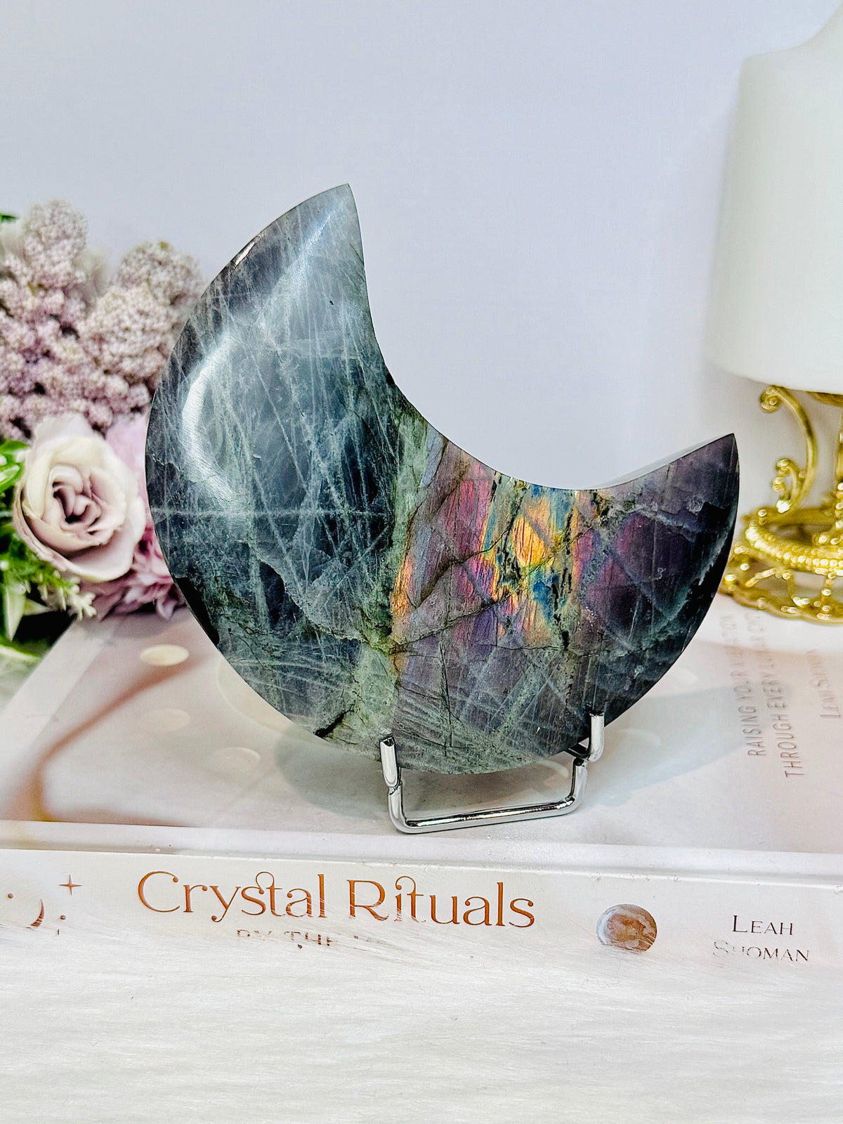 Purple Flash Labradorite Moon on Stand 12cm