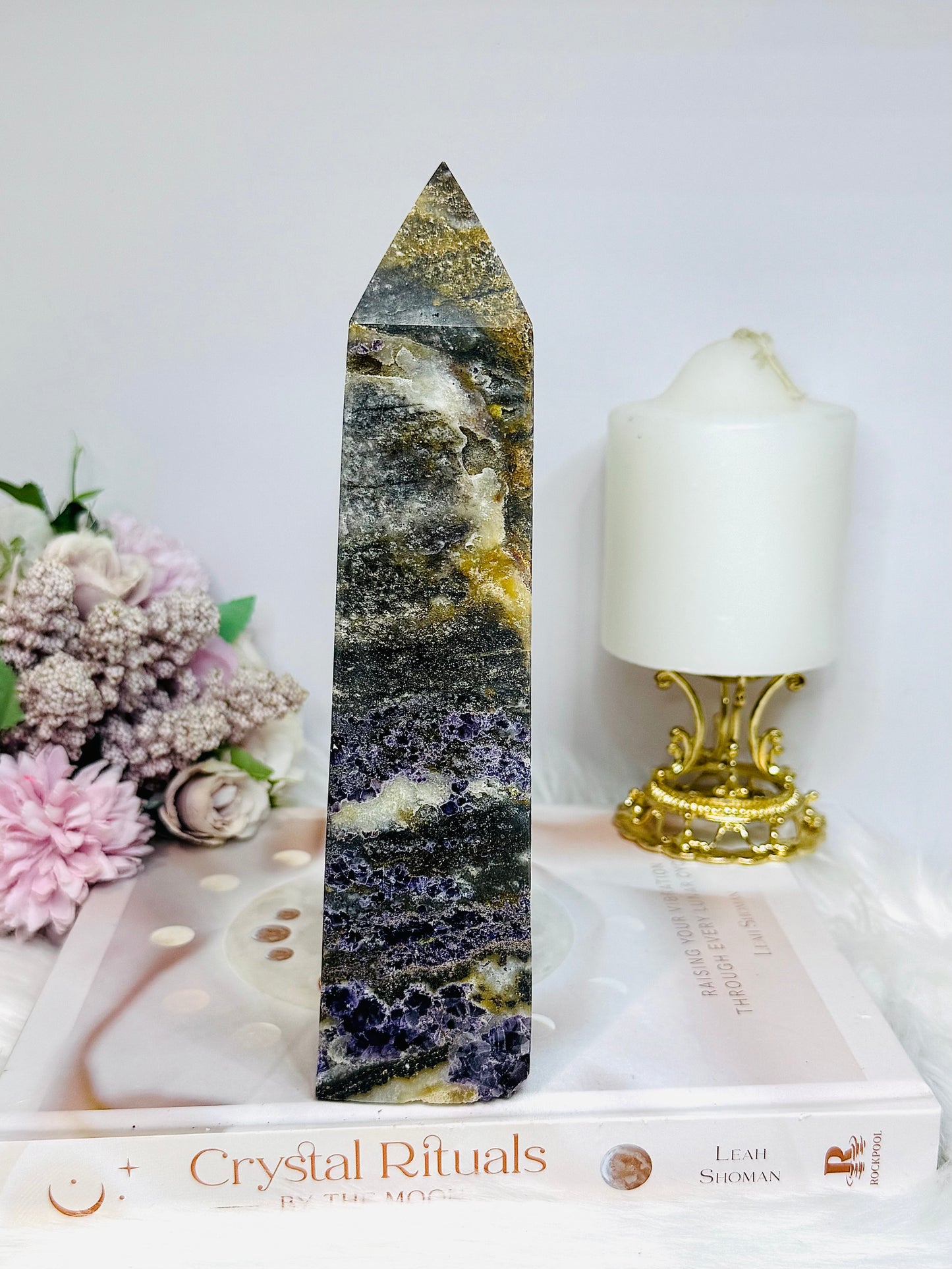 Large Purple Fluorite X Sphalerite Druzy Tower 20cm 747g